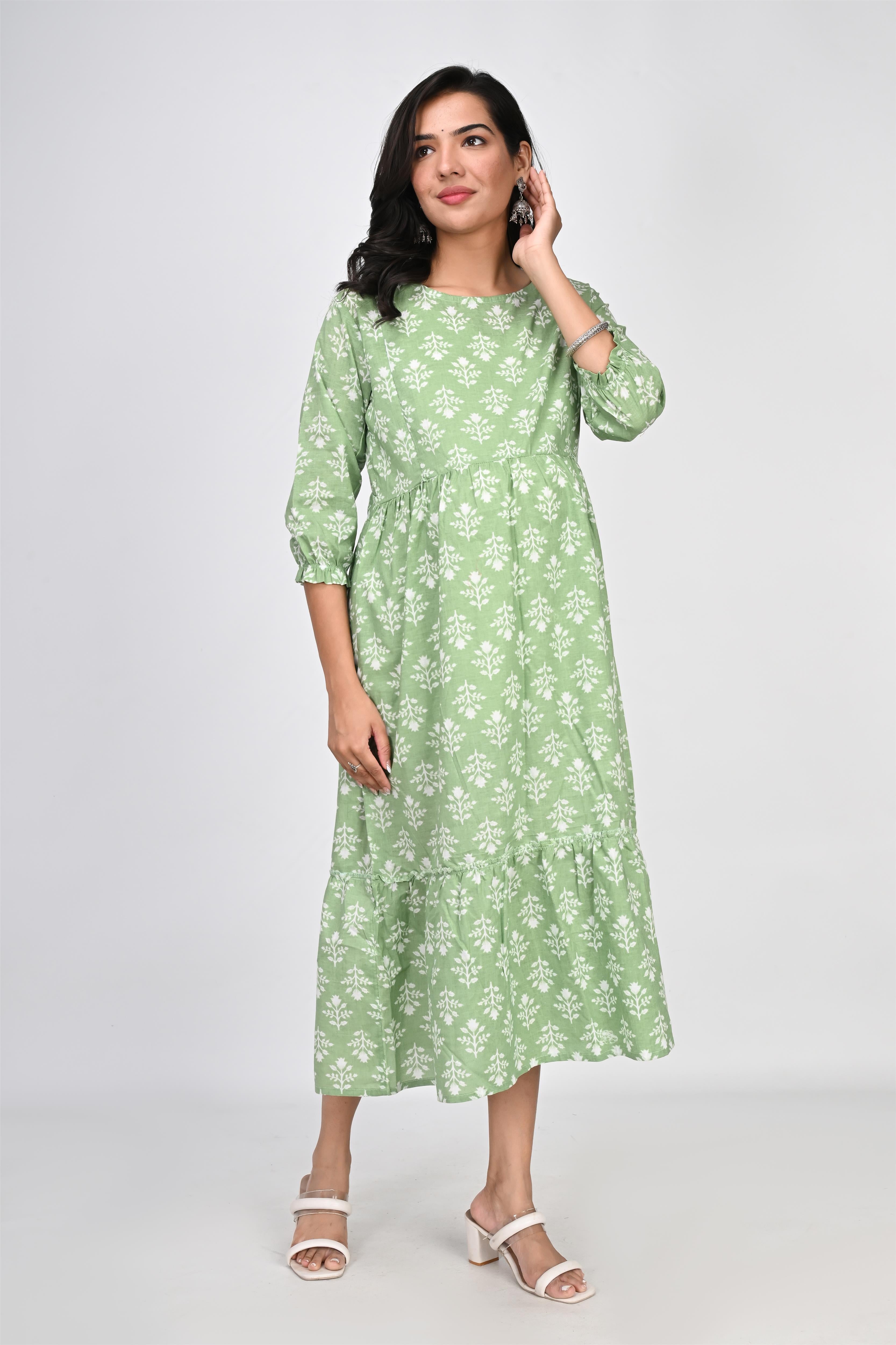 Ofably White Floral Print Maternity Chain Feeding Kurti - Pista Green (OFMK142)