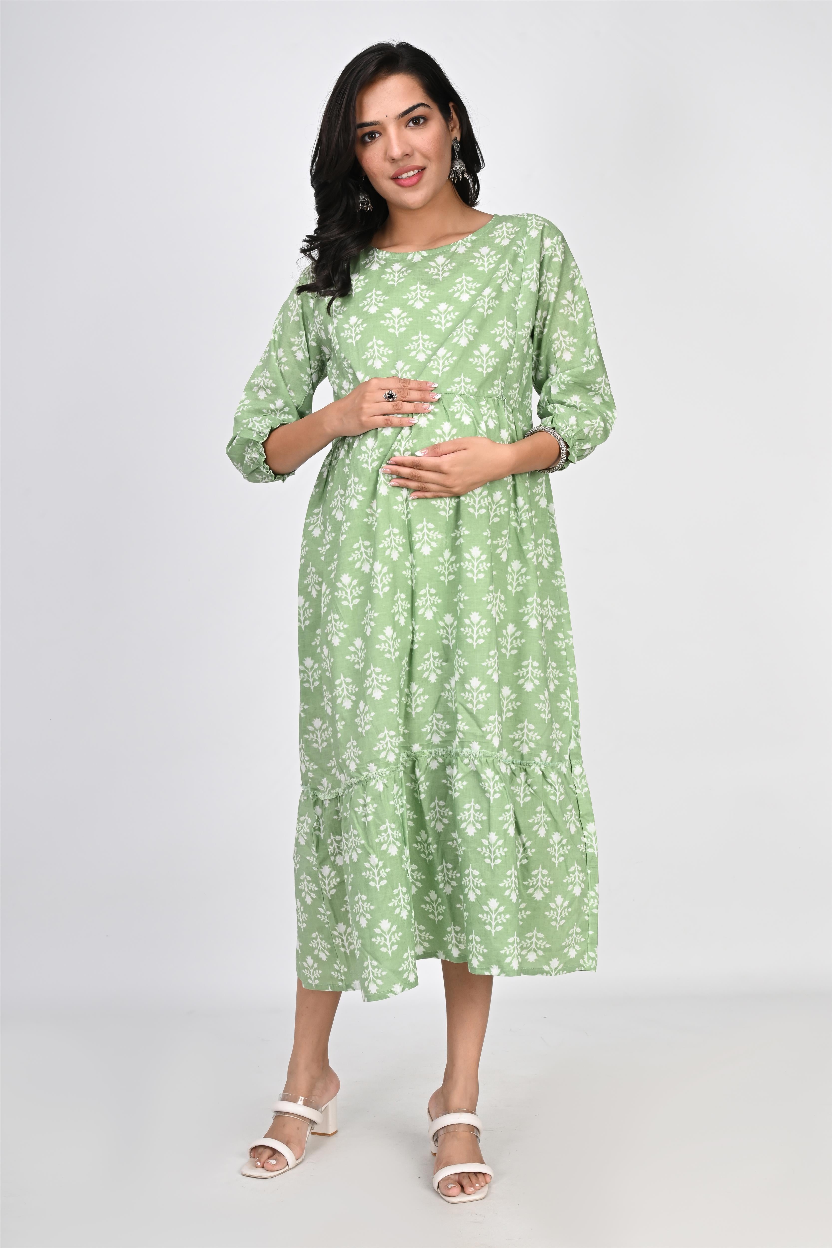 Ofably White Floral Print Maternity Chain Feeding Kurti - Pista Green (OFMK142)