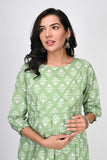 Ofably White Floral Print Maternity Chain Feeding Kurti - Pista Green (OFMK142)