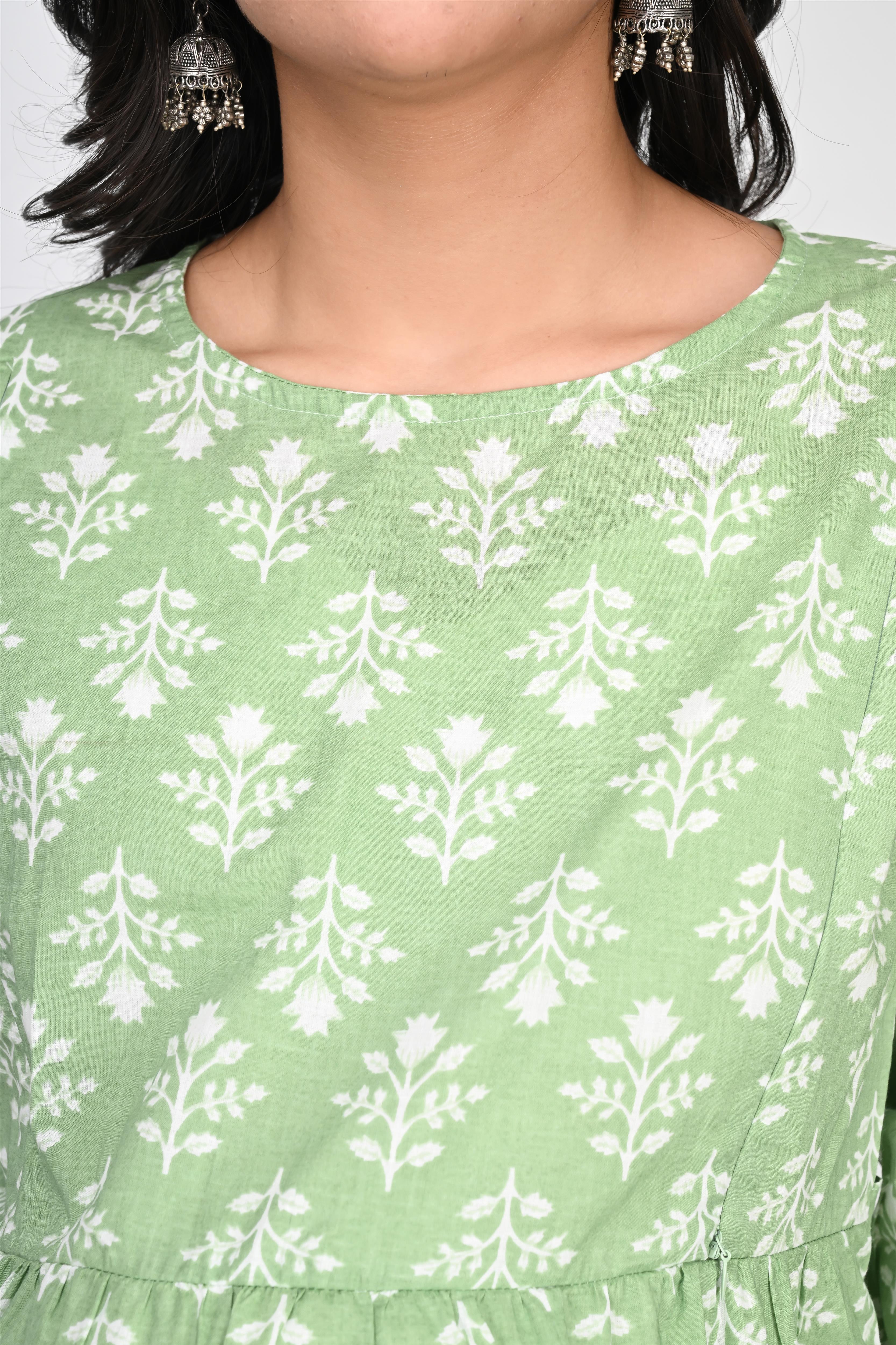 Ofably White Floral Print Maternity Chain Feeding Kurti - Pista Green (OFMK142)