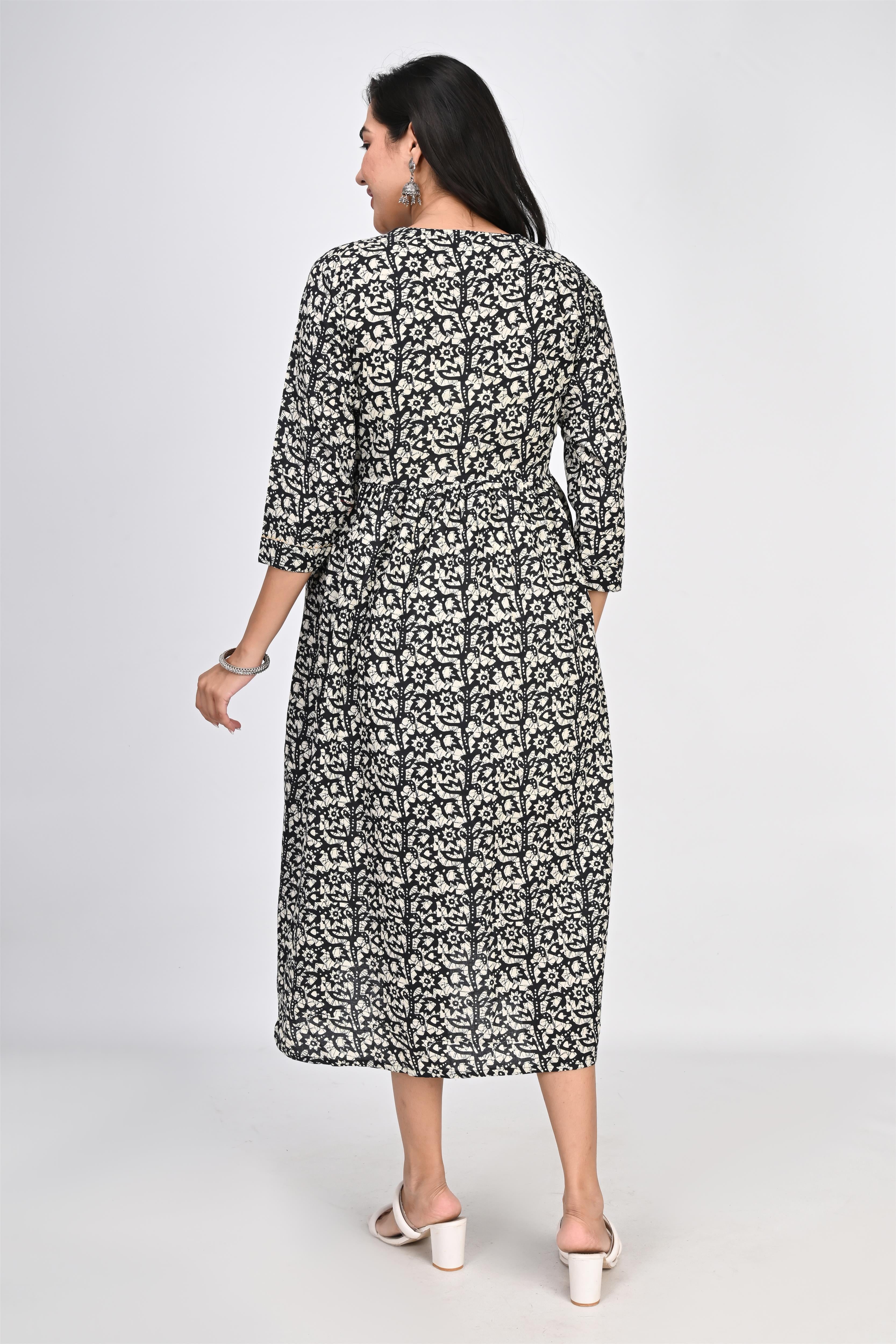 Ofably Up & Down Contrast Maternity Chain Feeding Cotton Dress - Black (OFMK143)