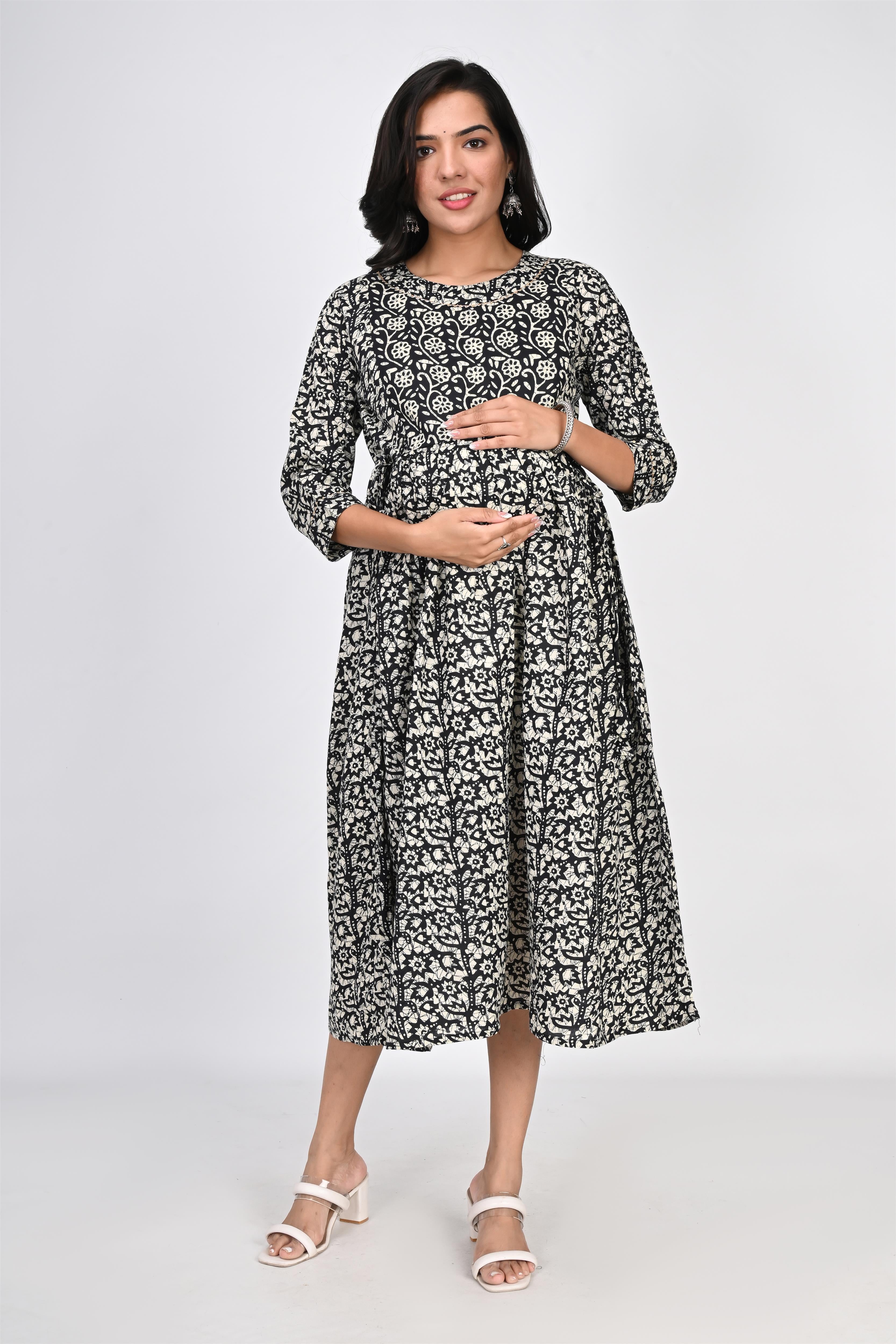 Ofably Up & Down Contrast Maternity Chain Feeding Cotton Dress - Black (OFMK143)