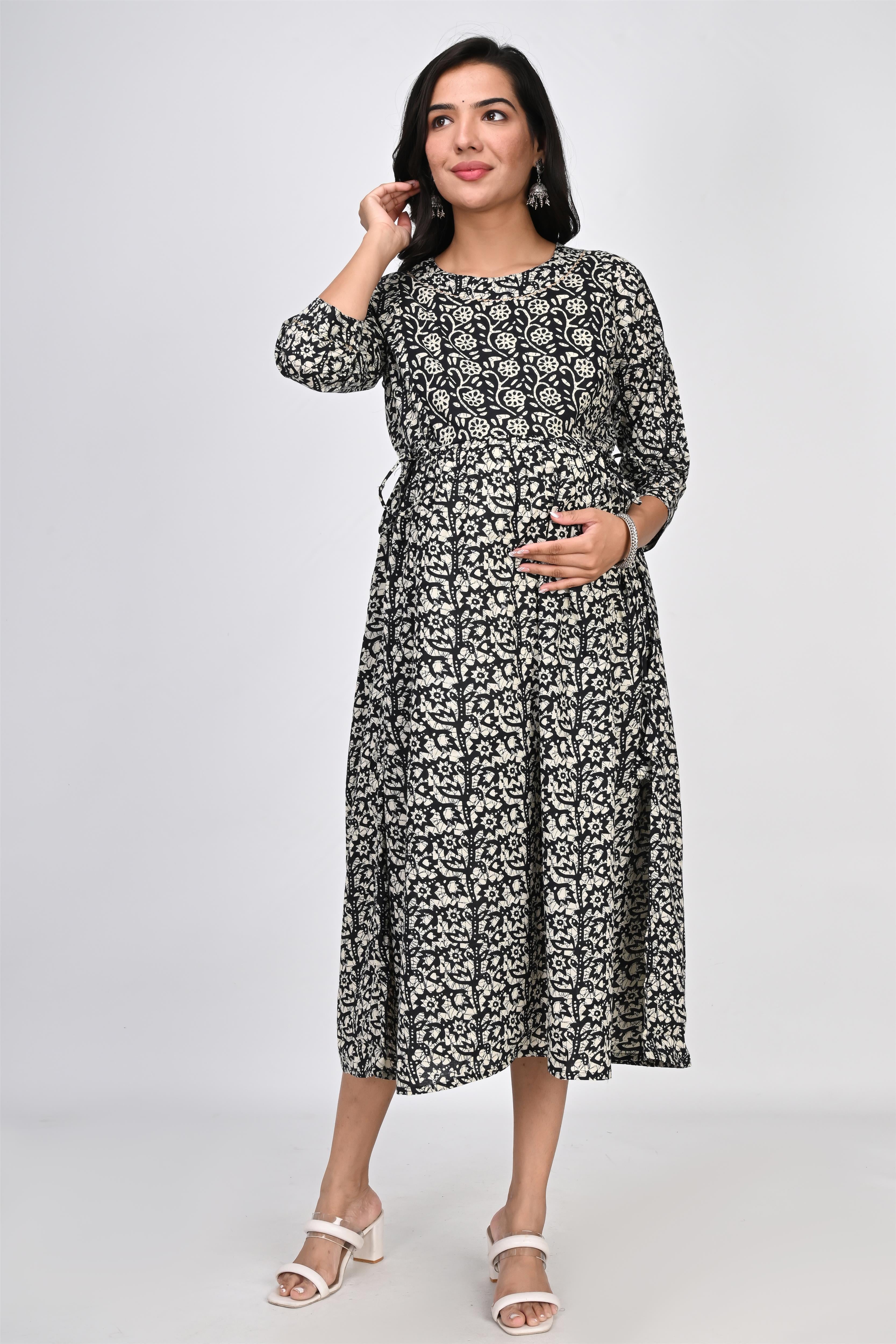 Ofably Up & Down Contrast Maternity Chain Feeding Cotton Dress - Black (OFMK143)