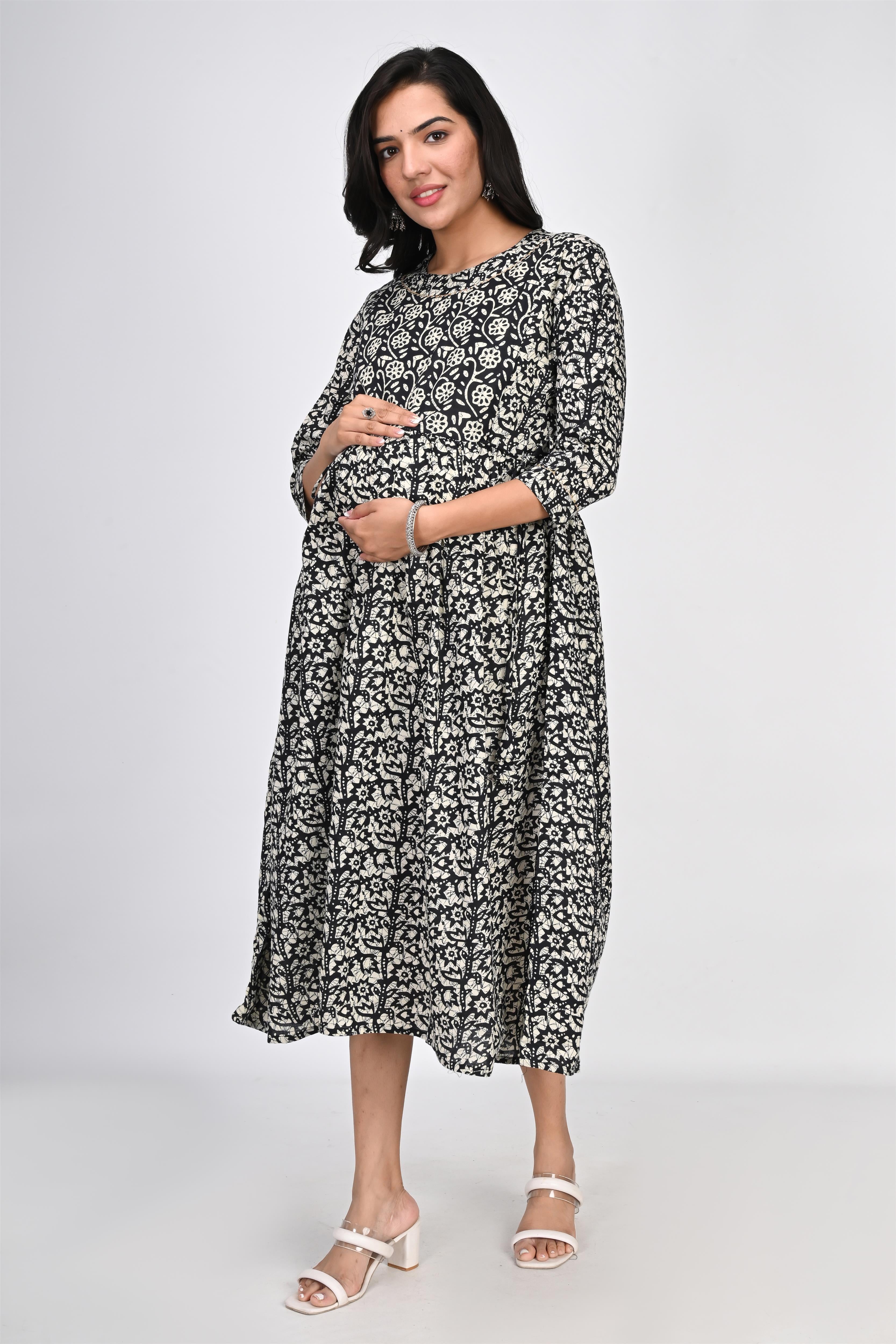 Ofably Up & Down Contrast Maternity Chain Feeding Cotton Dress - Black (OFMK143)