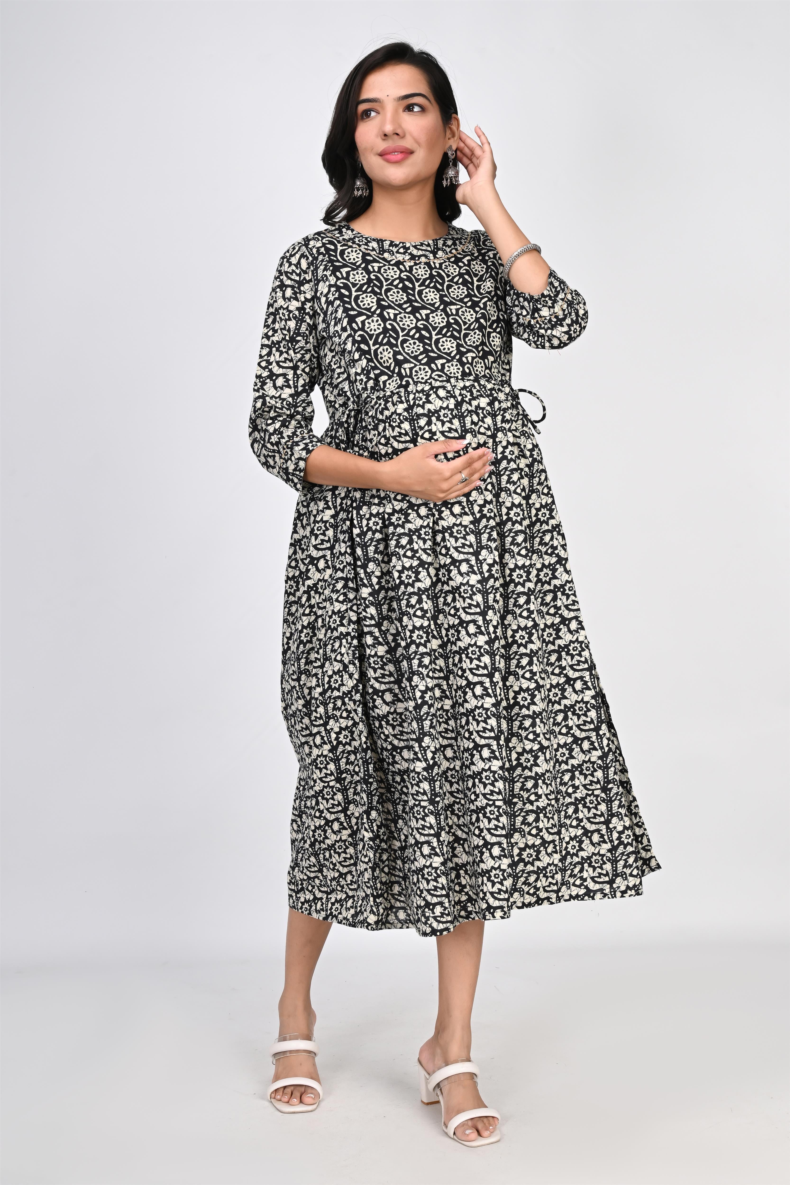 Ofably Up & Down Contrast Maternity Chain Feeding Cotton Dress - Black (OFMK143)