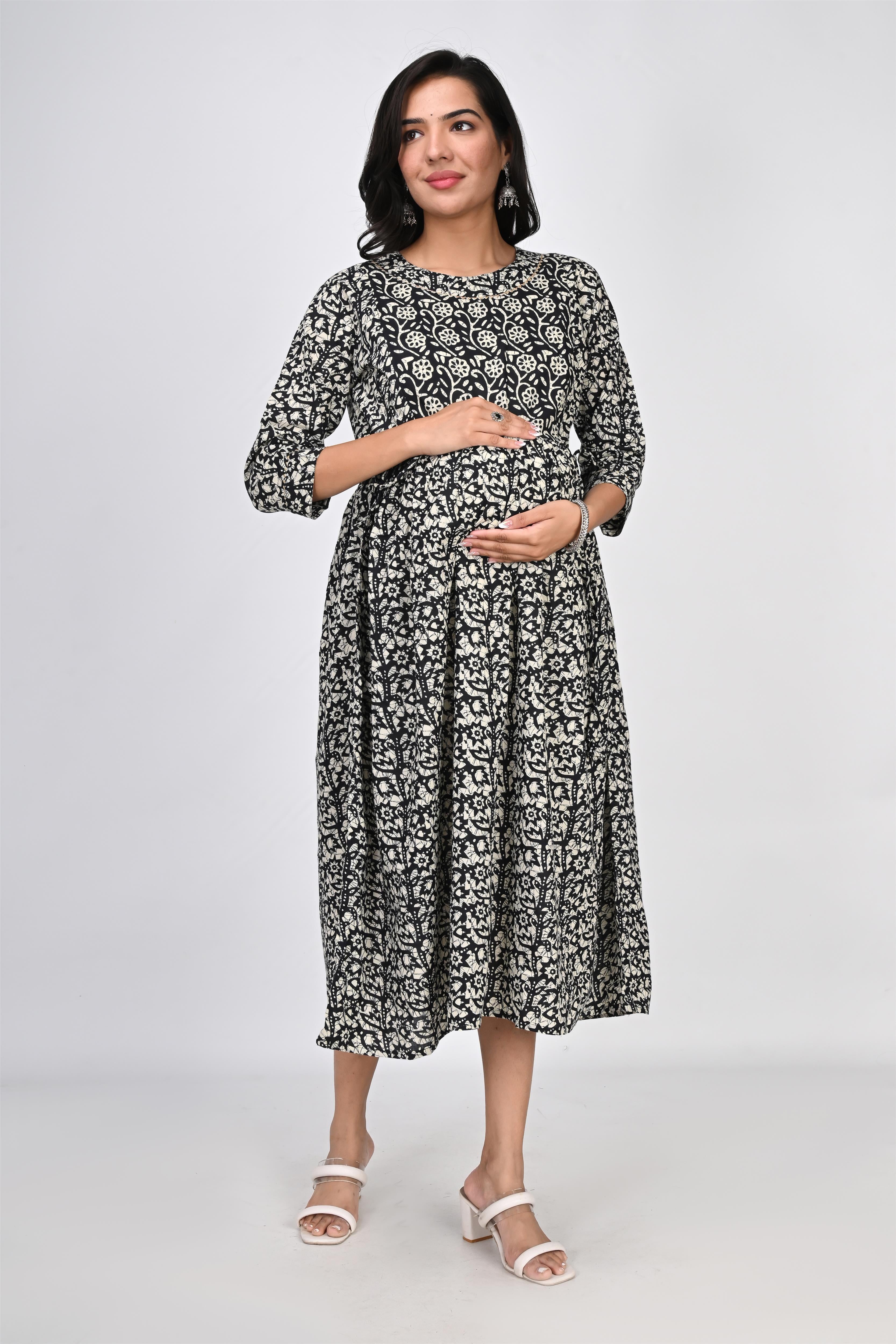 Ofably Up & Down Contrast Maternity Chain Feeding Cotton Dress - Black (OFMK143)