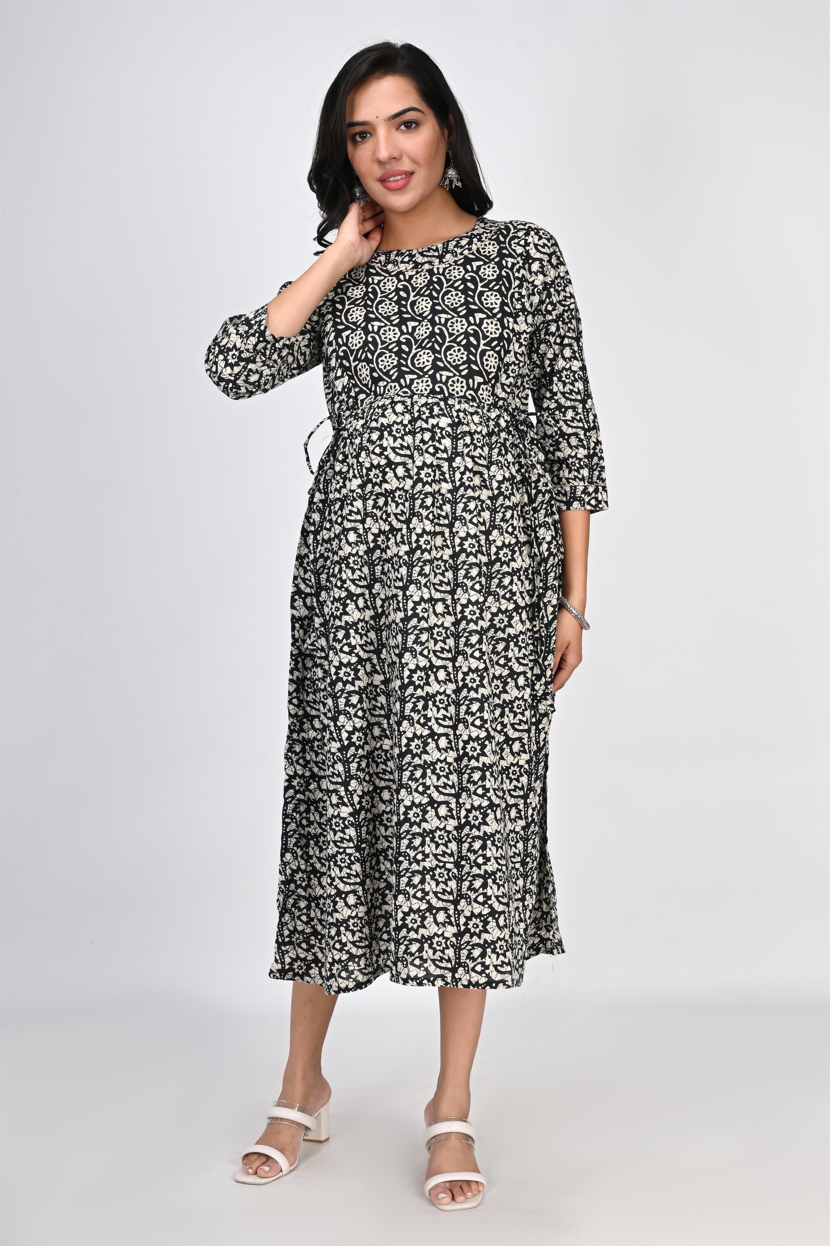 Ofably Up & Down Contrast Maternity Chain Feeding Cotton Dress - Black (OFMK143)