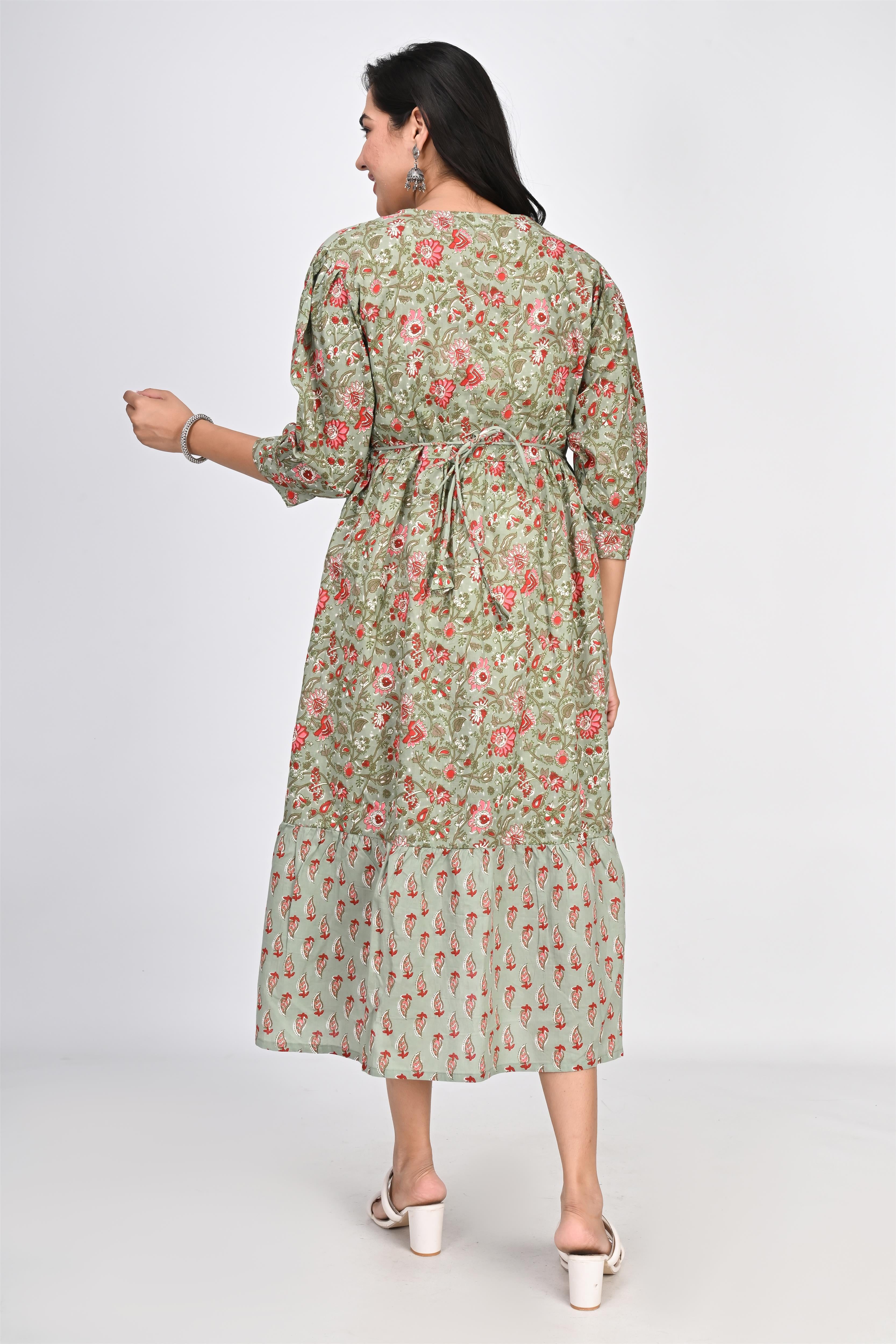 Ofably Up & Down Contrast Maternity Chain Feeding Cotton Dress - Pista Green (OFMK144)