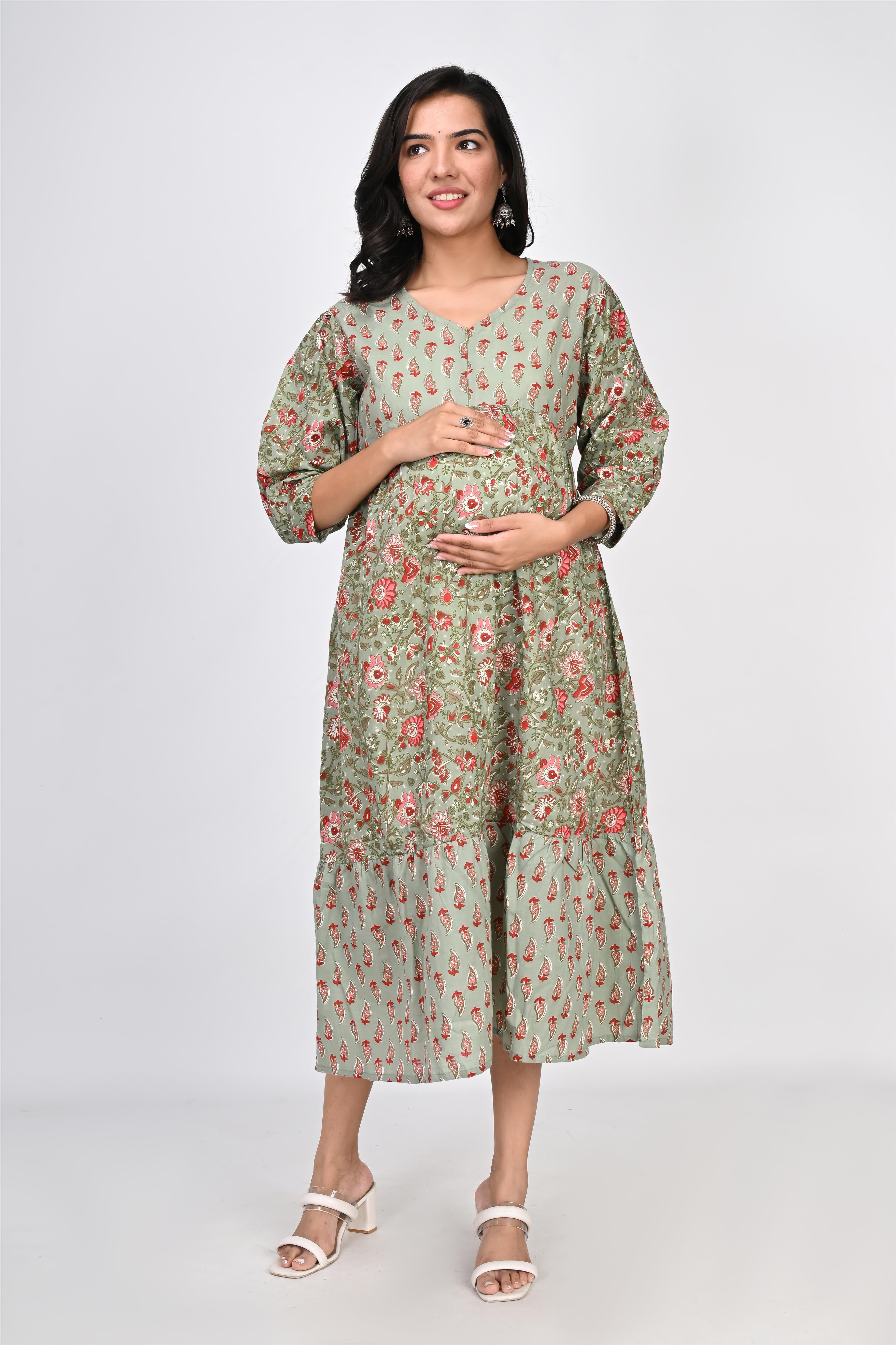 Ofably Up & Down Contrast Maternity Chain Feeding Cotton Dress - Pista Green (OFMK144)