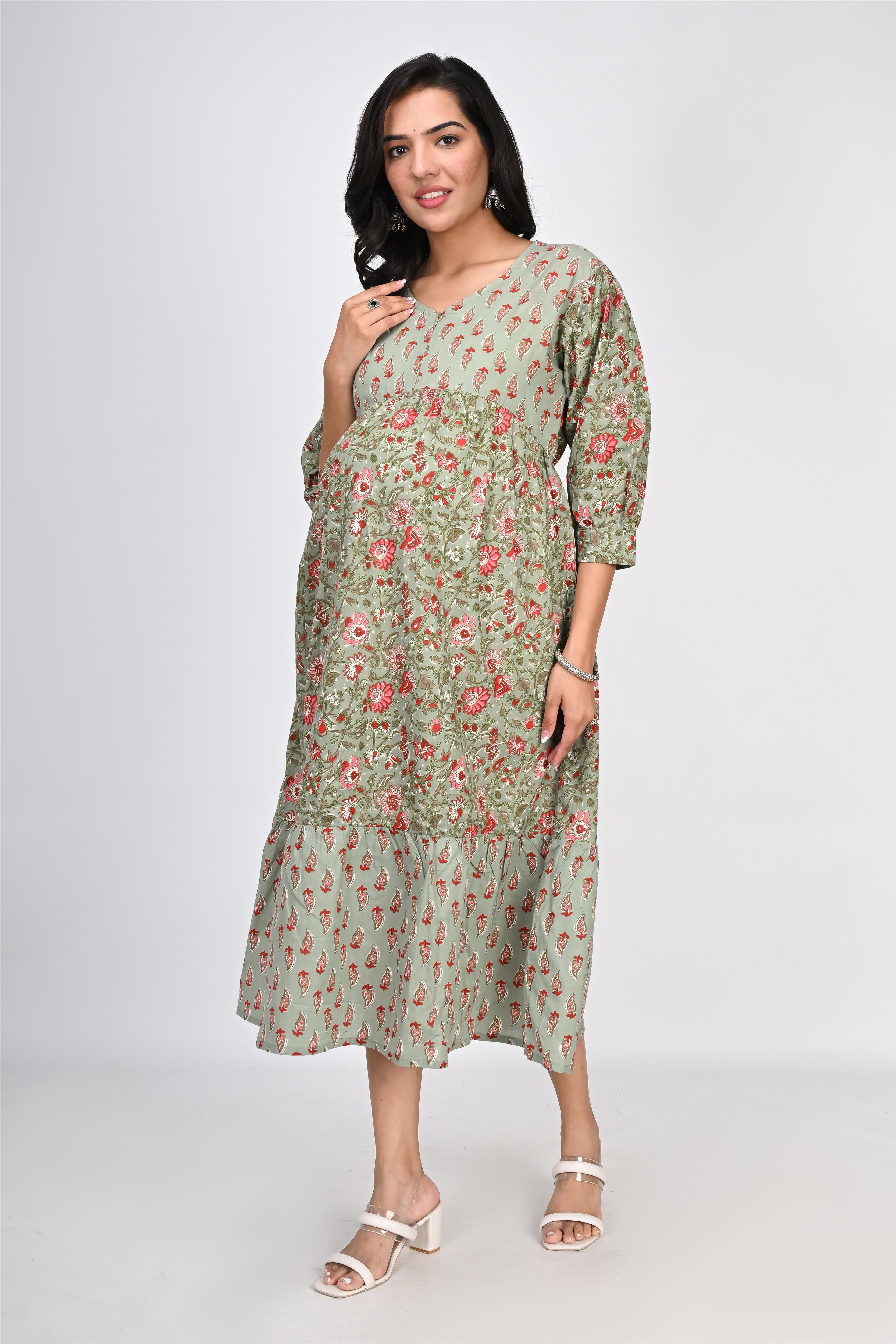 Ofably Up & Down Contrast Maternity Chain Feeding Cotton Dress - Pista Green (OFMK144)