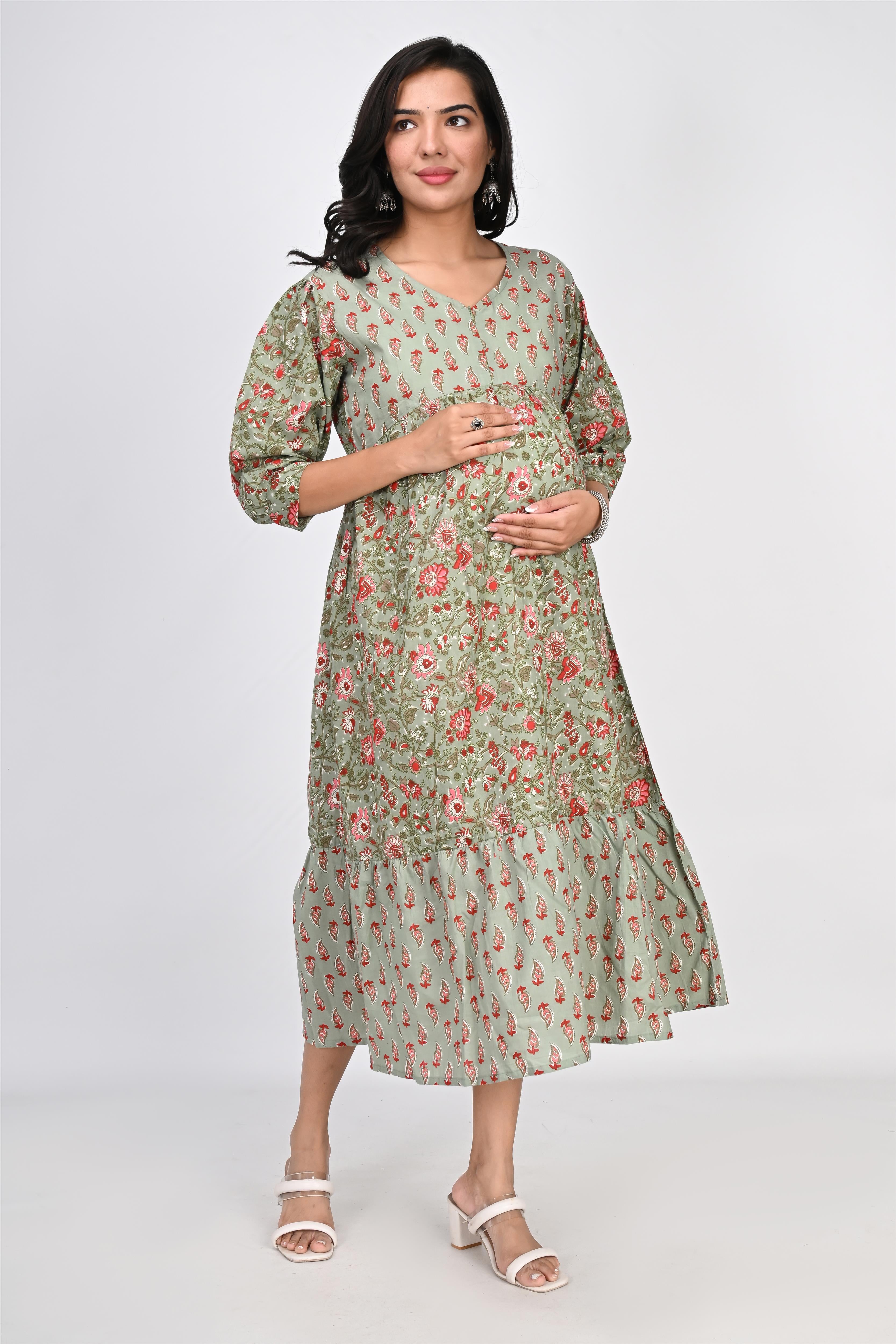 Ofably Up & Down Contrast Maternity Chain Feeding Cotton Dress - Pista Green (OFMK144)