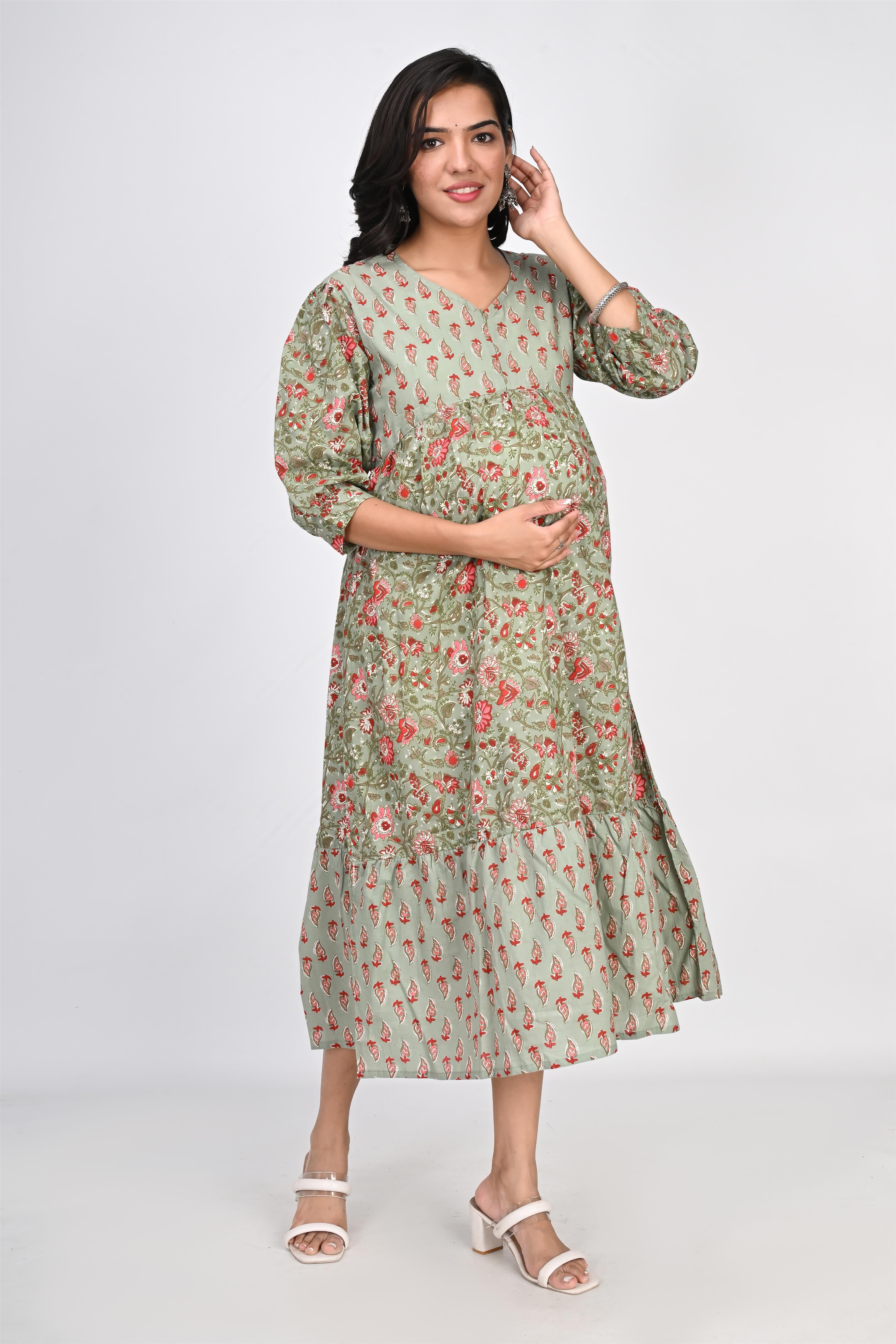 Ofably Up & Down Contrast Maternity Chain Feeding Cotton Dress - Pista Green (OFMK144)