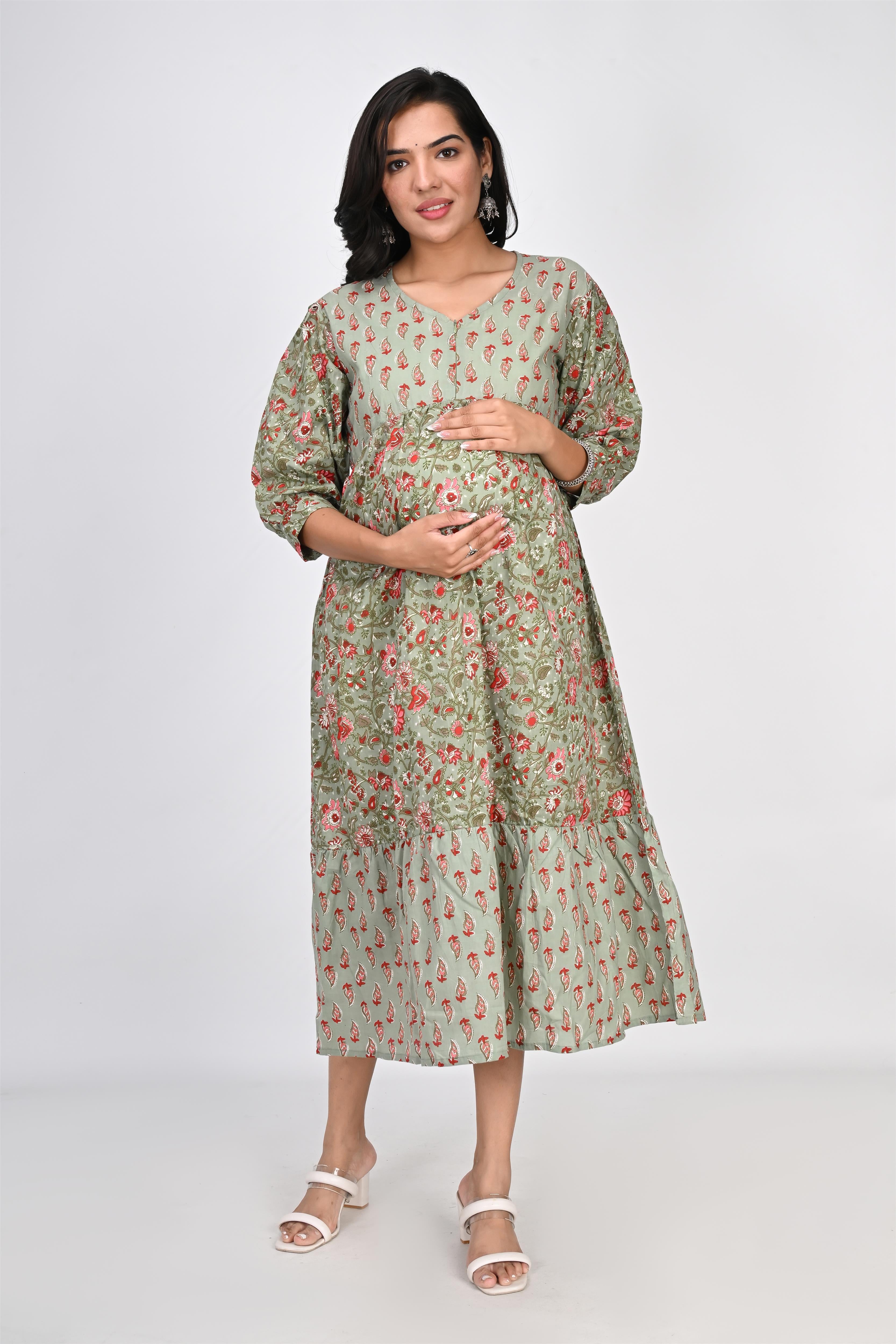 Ofably Up & Down Contrast Maternity Chain Feeding Cotton Dress - Pista Green (OFMK144)