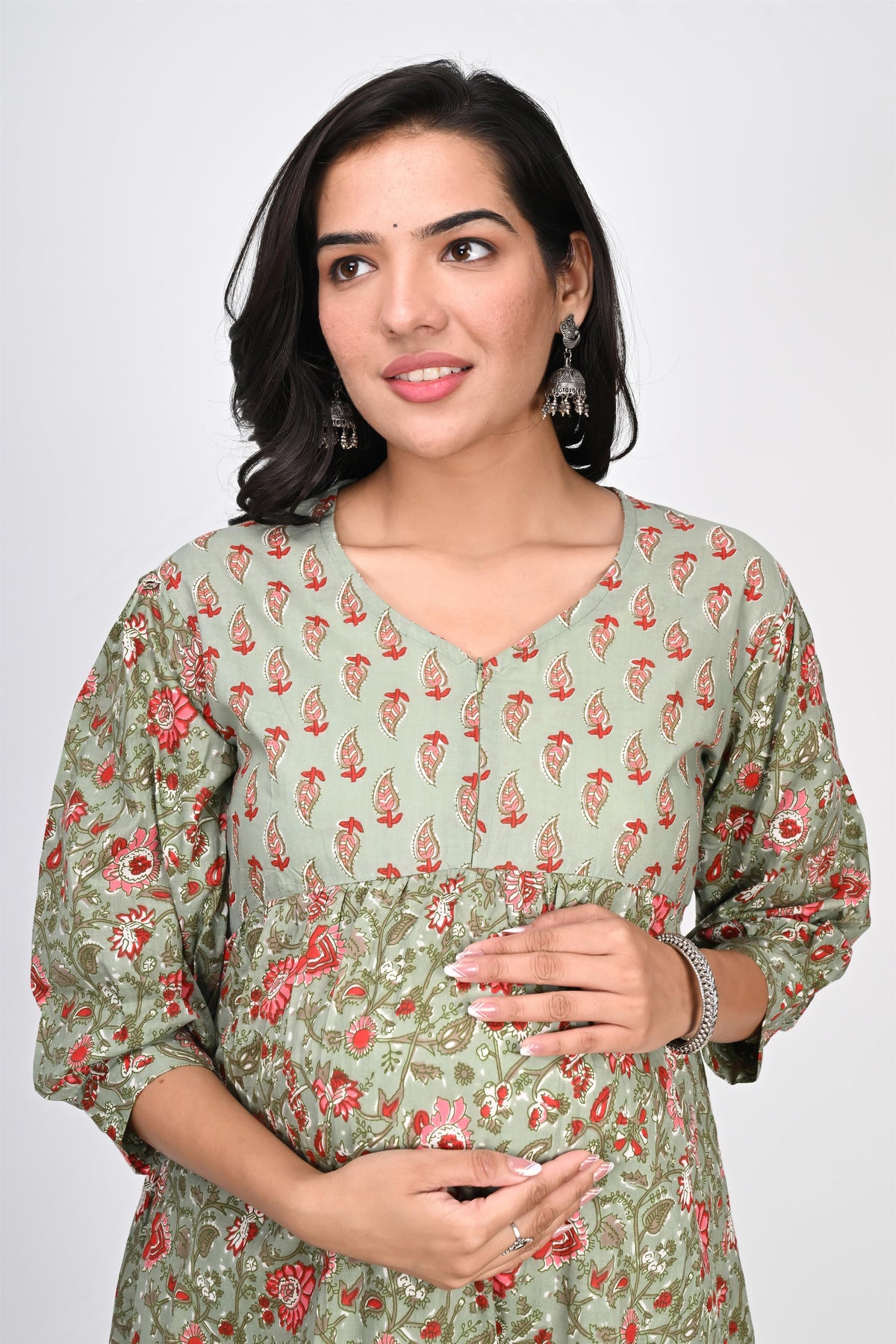 Ofably Up & Down Contrast Maternity Chain Feeding Cotton Dress - Pista Green (OFMK144)