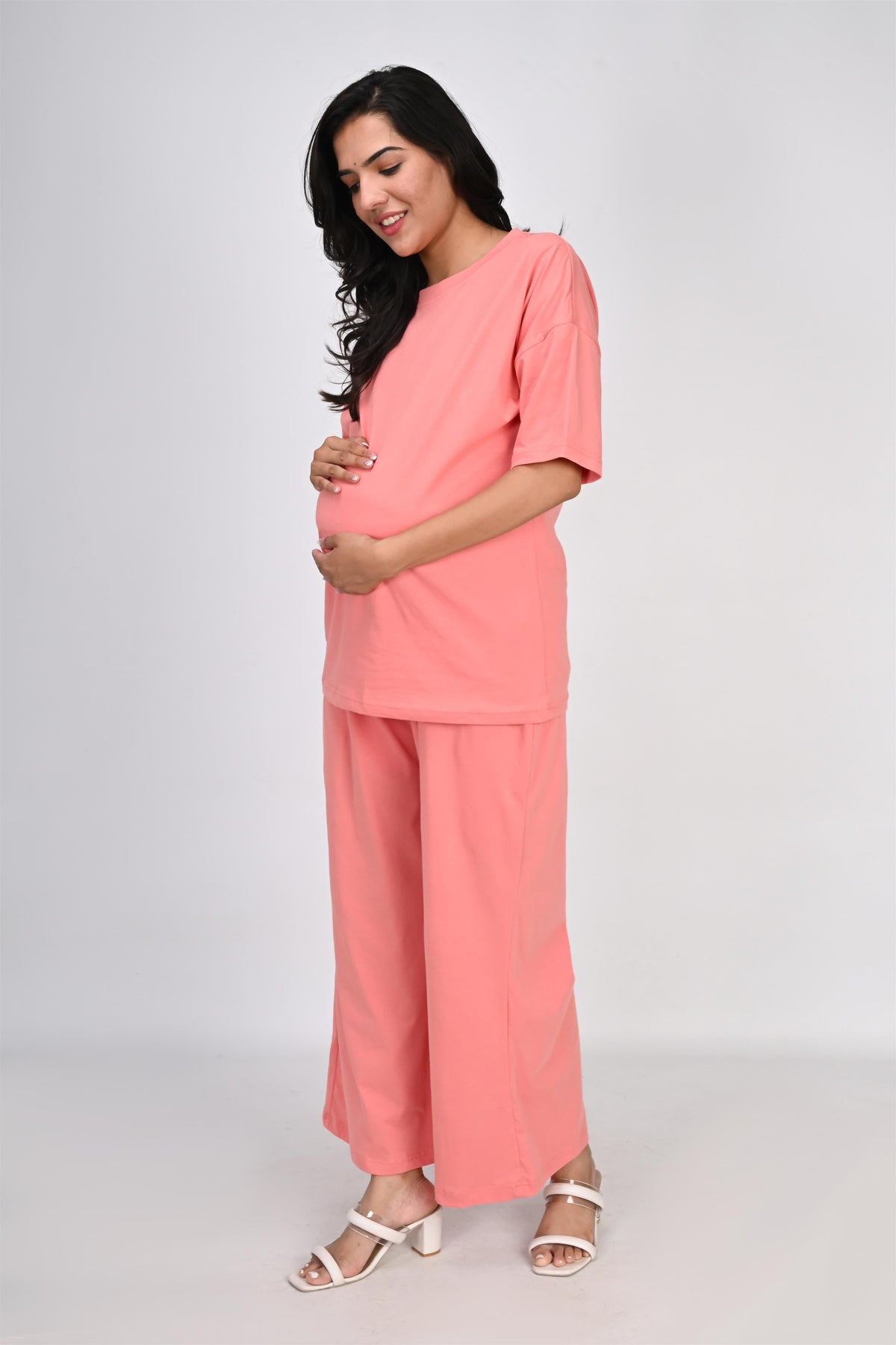 Ofably Plain Knitted Cotton Maternity Co-ord Set- Coral Pink (OFMCORD05)