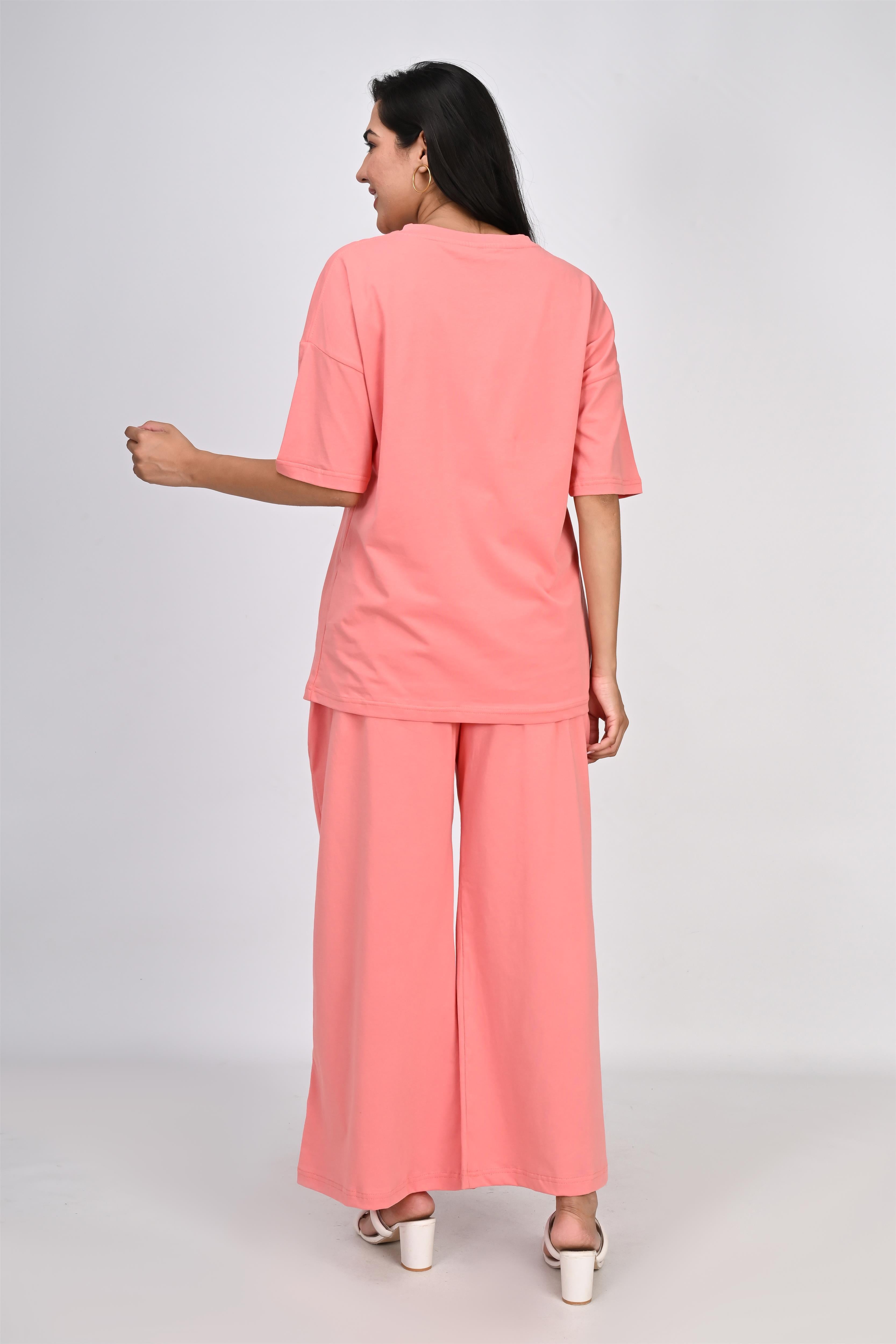 Ofably Plain Knitted Cotton Maternity Co-ord Set- Coral Pink (OFMCORD05)