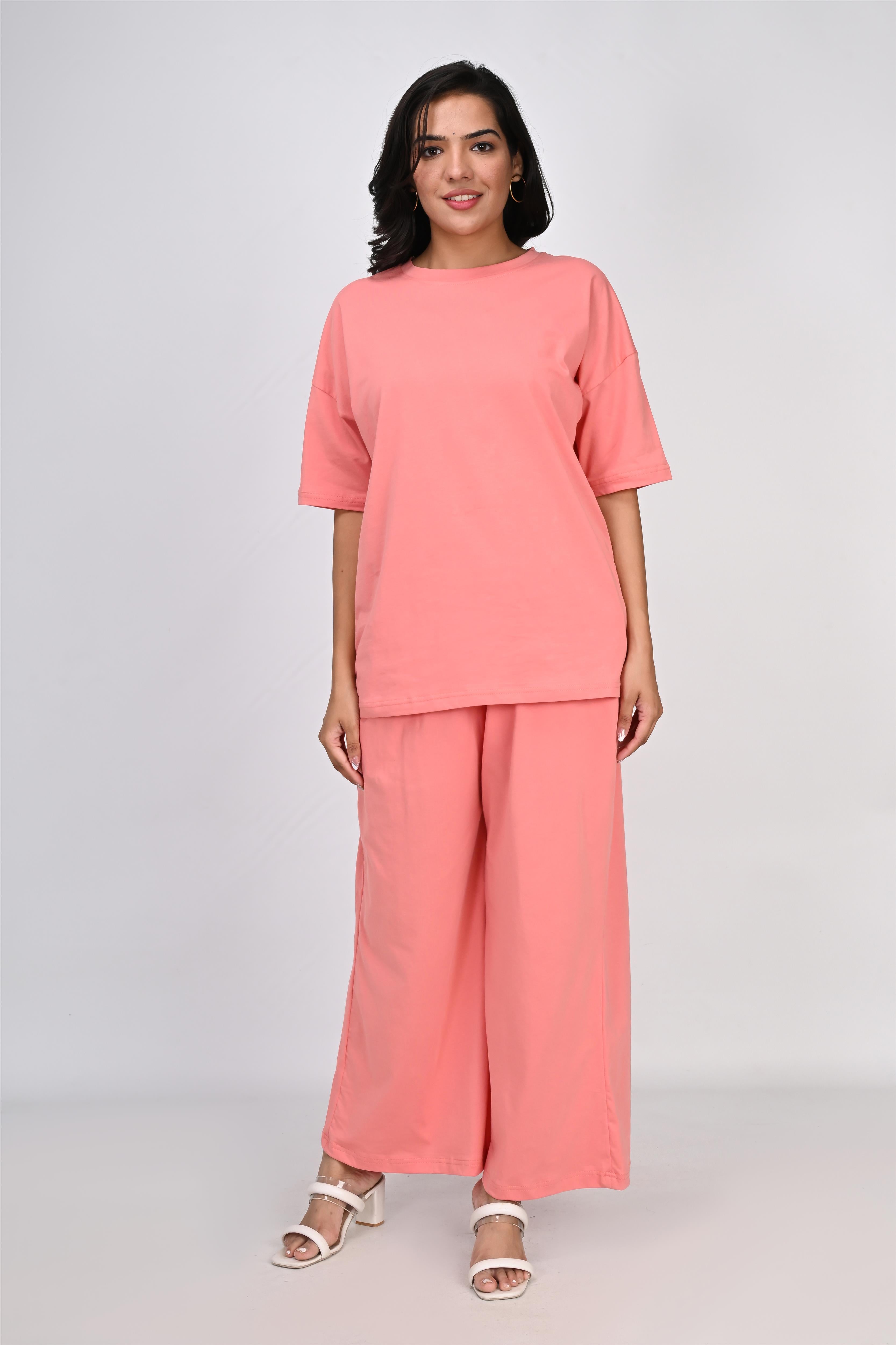 Ofably Plain Knitted Cotton Maternity Co-ord Set- Coral Pink (OFMCORD05)