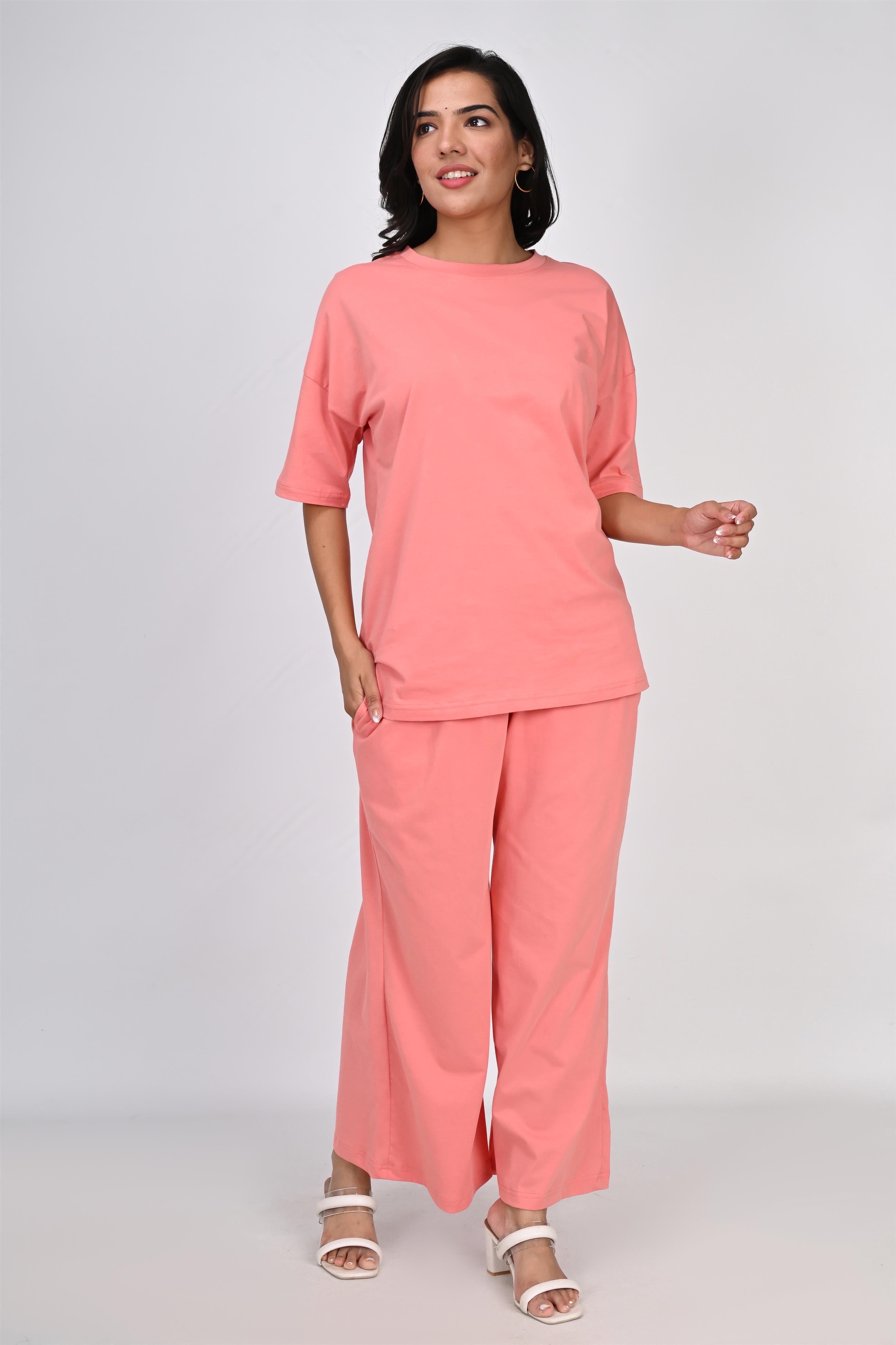 Ofably Plain Knitted Cotton Maternity Co-ord Set- Coral Pink (OFMCORD05)