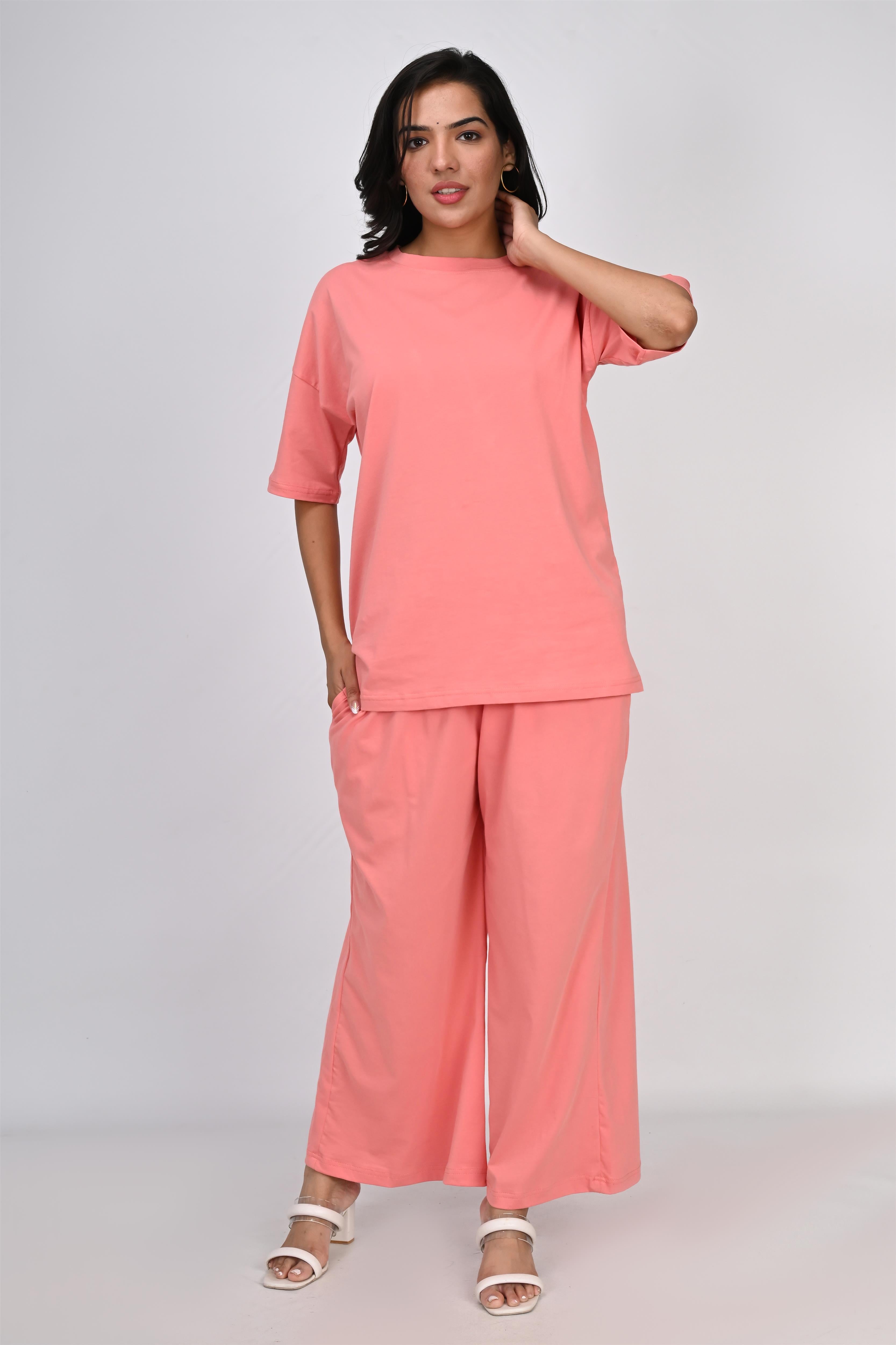 Ofably Plain Knitted Cotton Maternity Co-ord Set- Coral Pink (OFMCORD05)