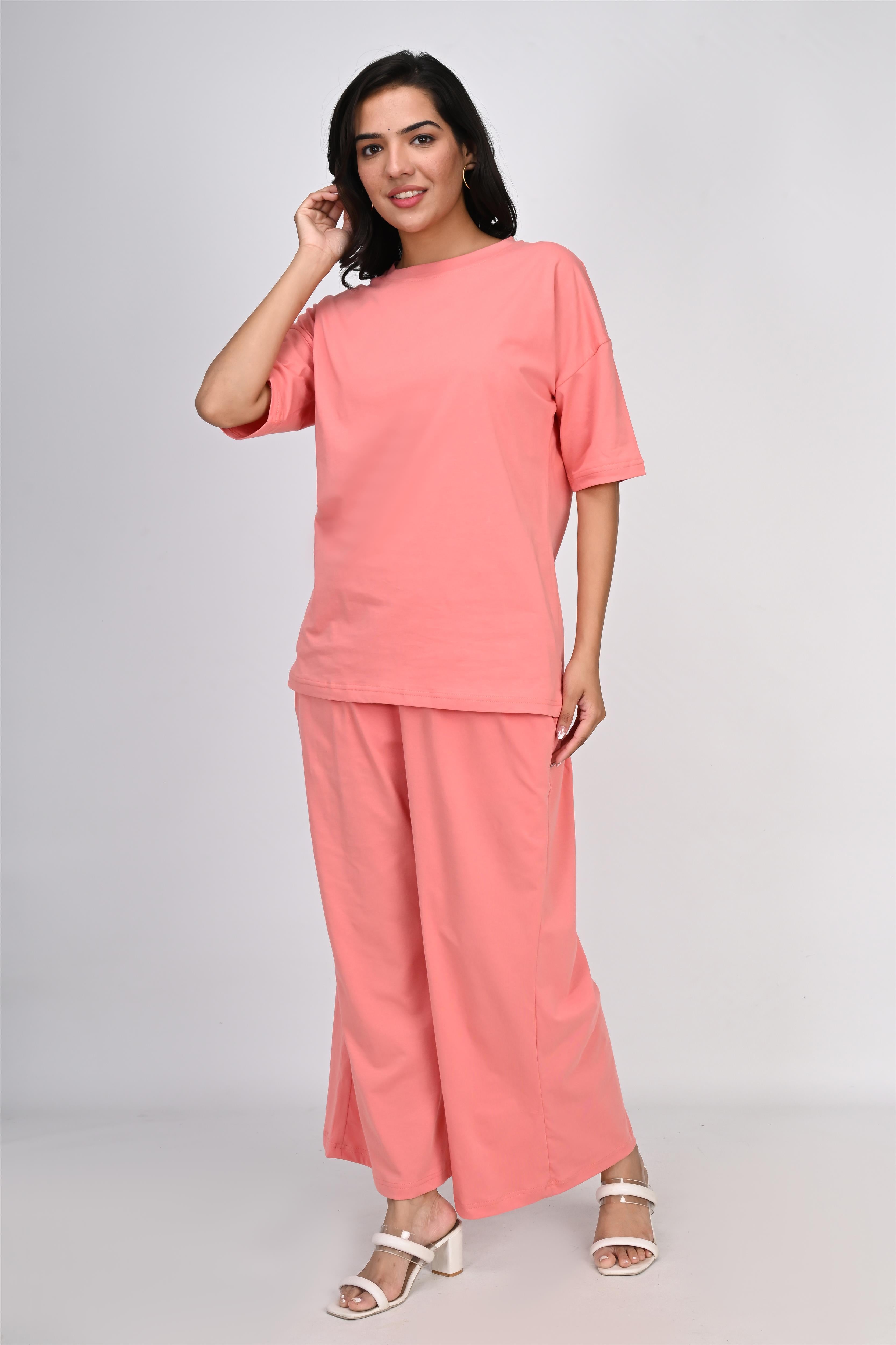 Ofably Plain Knitted Cotton Maternity Co-ord Set- Coral Pink (OFMCORD05)