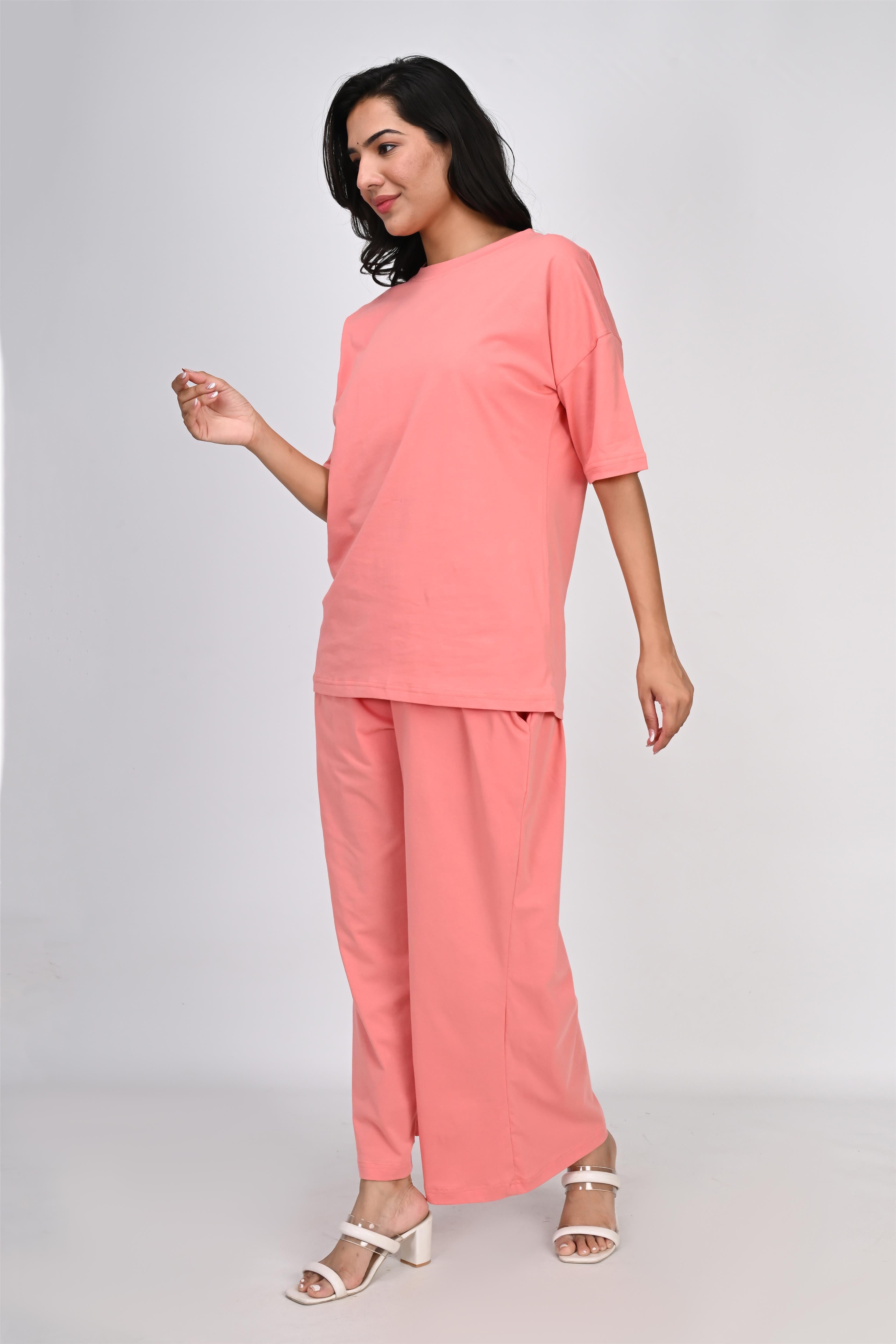 Ofably Plain Knitted Cotton Maternity Co-ord Set- Coral Pink (OFMCORD05)