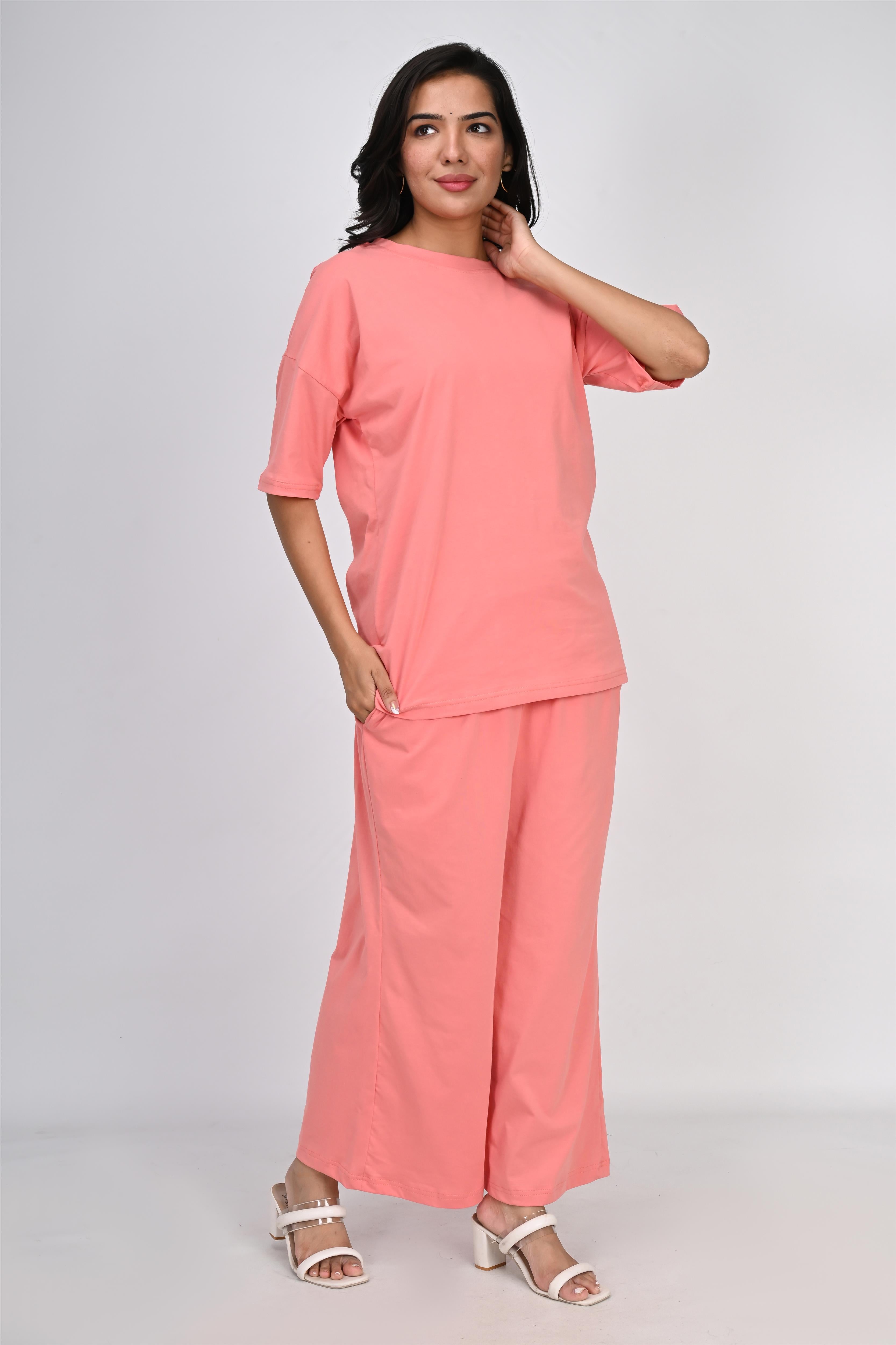 Ofably Plain Knitted Cotton Maternity Co-ord Set- Coral Pink (OFMCORD05)