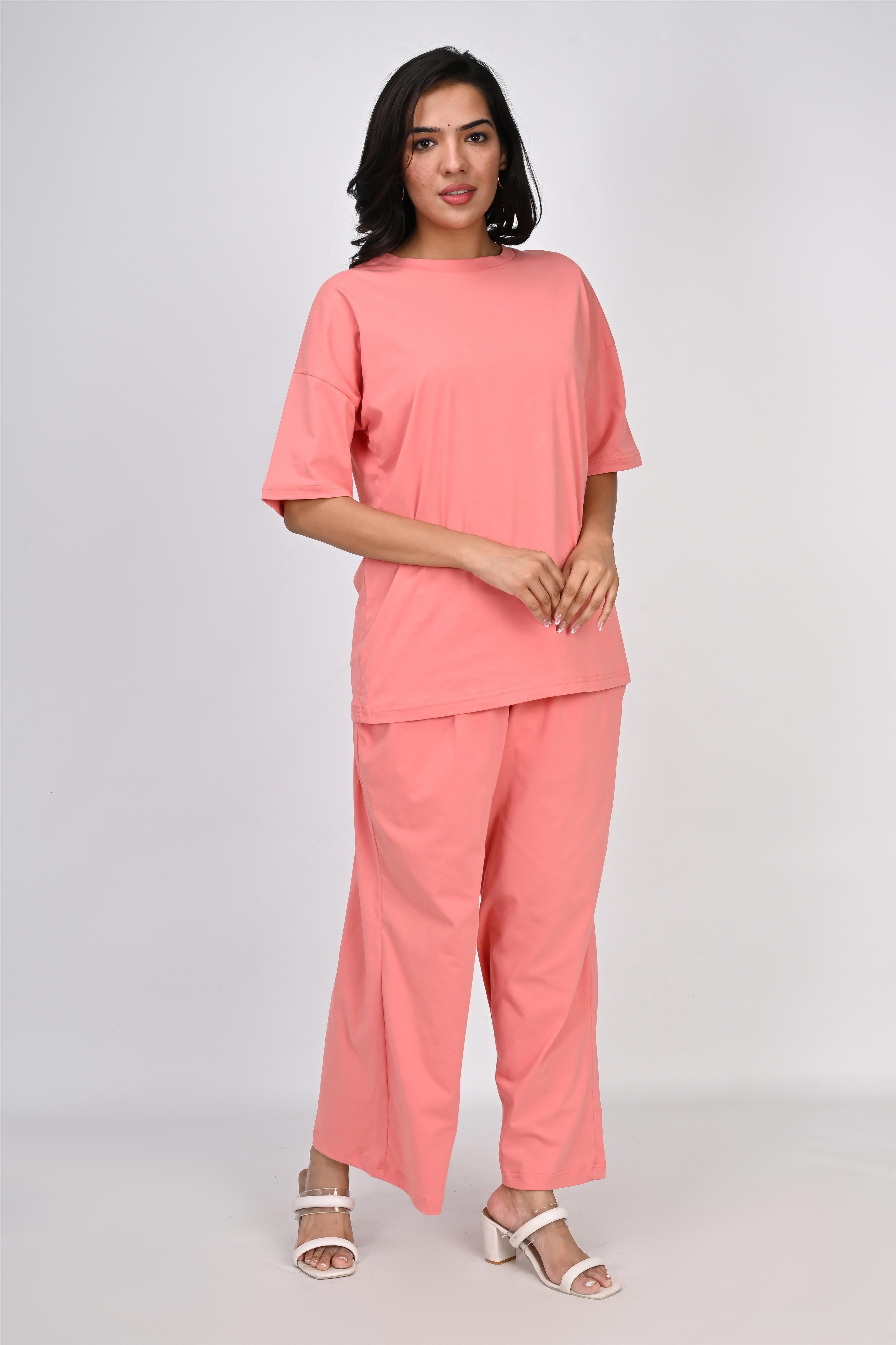 Ofably Plain Knitted Cotton Maternity Co-ord Set- Coral Pink (OFMCORD05)