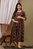 Ofably Pure Cotton Maternity Cum Feeding Kurti - Brown (OFMK099}