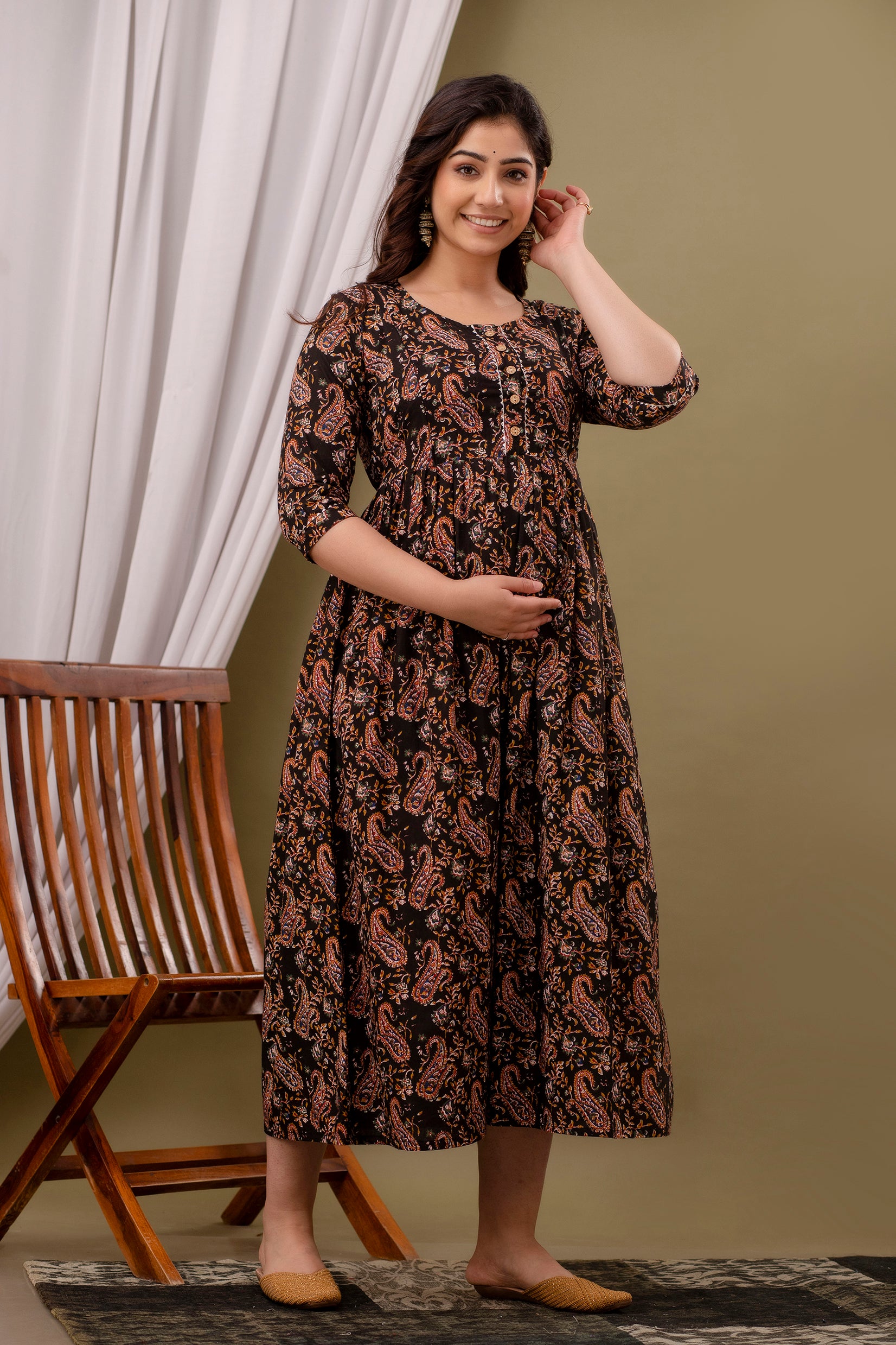 Ofably Pure Cotton Maternity Cum Feeding Kurti - Brown (OFMK099}