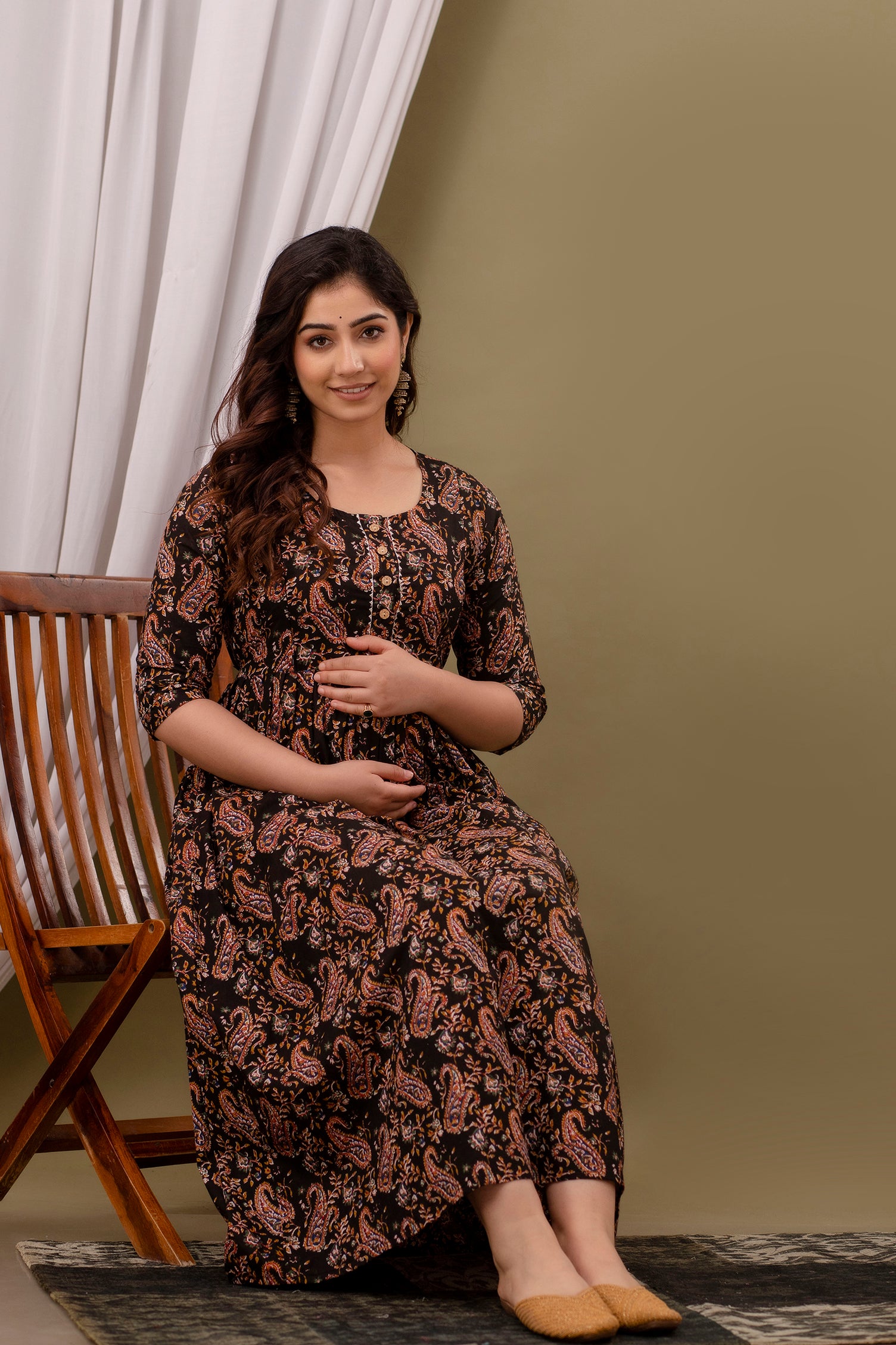 Ofably Pure Cotton Maternity Cum Feeding Kurti - Brown (OFMK099}