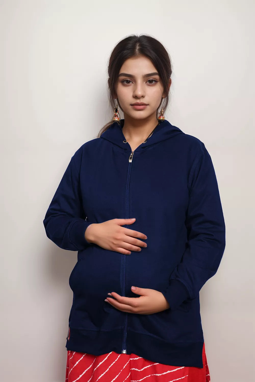 Ofably Solid Cotton Maternity Nursing Zipper Hoodie- Navy Blue (OFMH0NVYZIPR10)