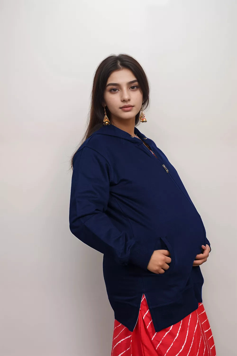 Ofably Solid Cotton Maternity Nursing Zipper Hoodie- Navy Blue (OFMH0NVYZIPR10)