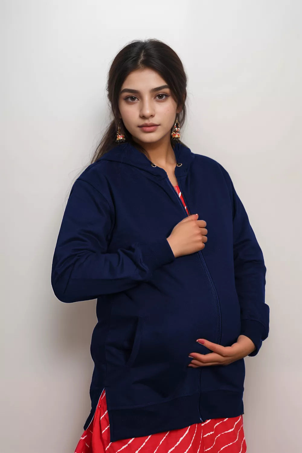 Ofably Solid Cotton Maternity Nursing Zipper Hoodie- Navy Blue (OFMH0NVYZIPR10)