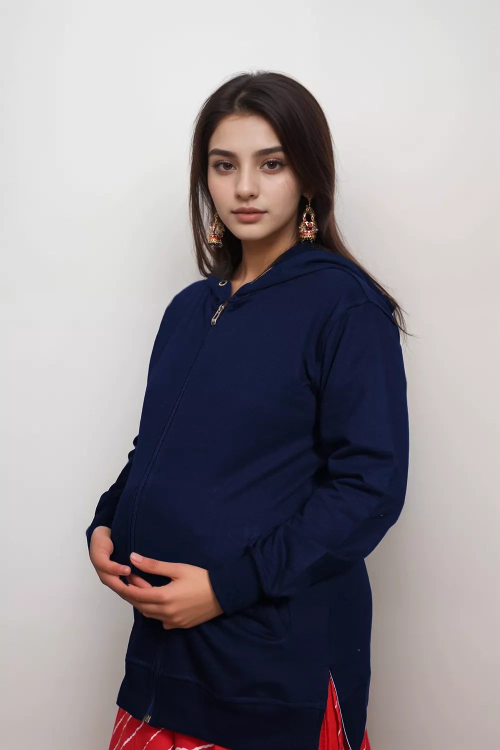 Ofably Solid Cotton Maternity Nursing Zipper Hoodie- Navy Blue (OFMH0NVYZIPR10)