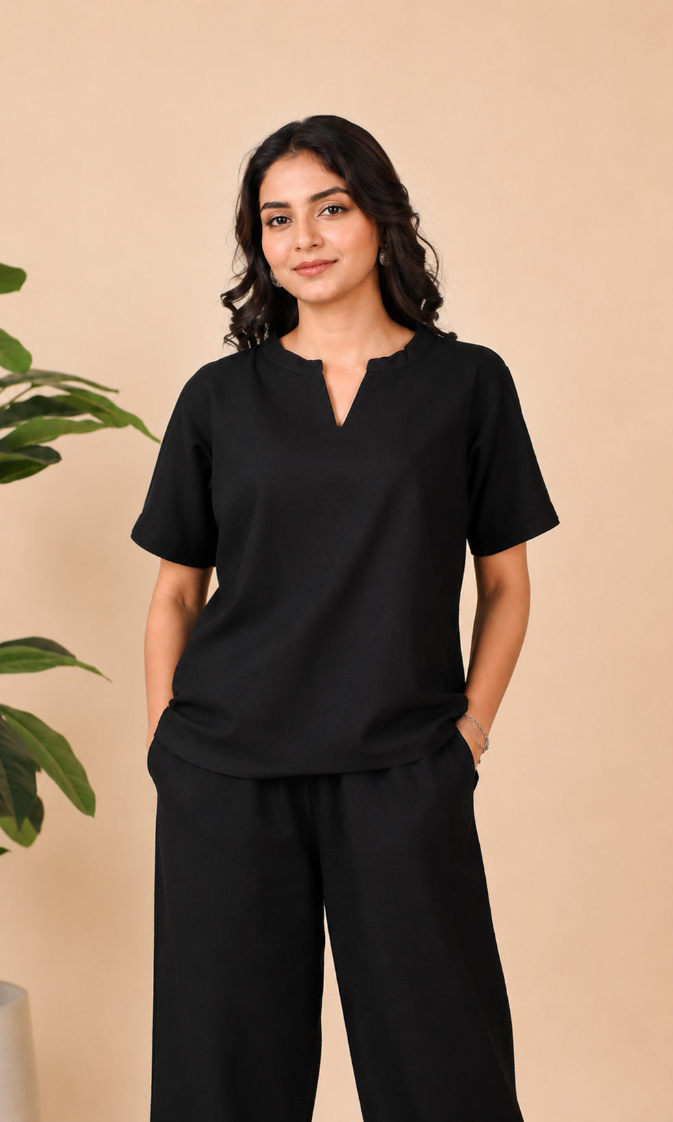 Black Notch Neck Relaxed Co-ord Set with Wide-Leg Trousers