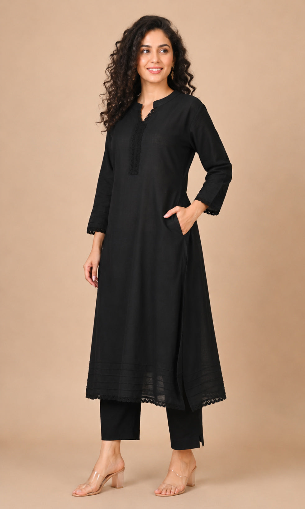 Black cotton A-line kurta side view with pockets