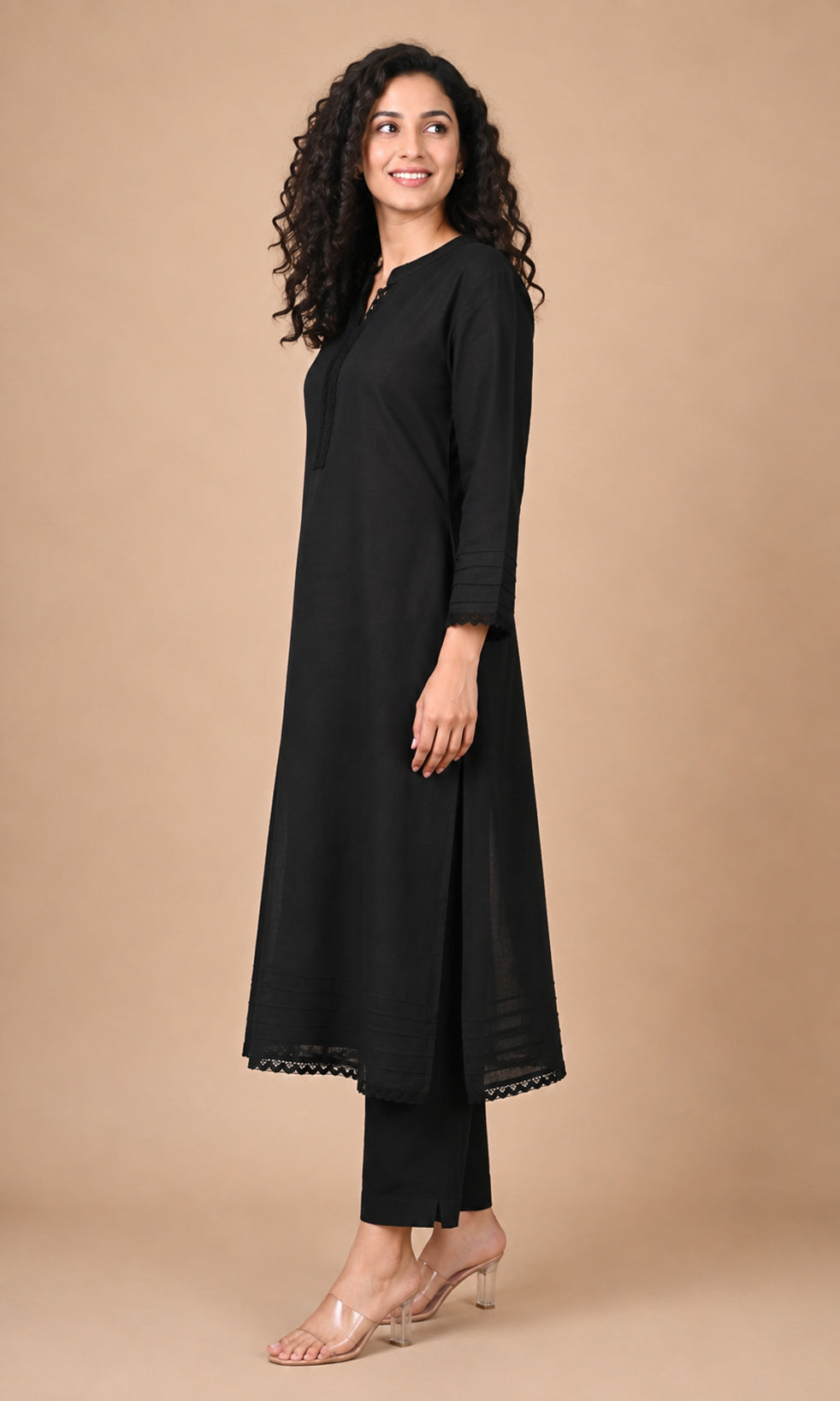 Black A-line cotton kurta full length view