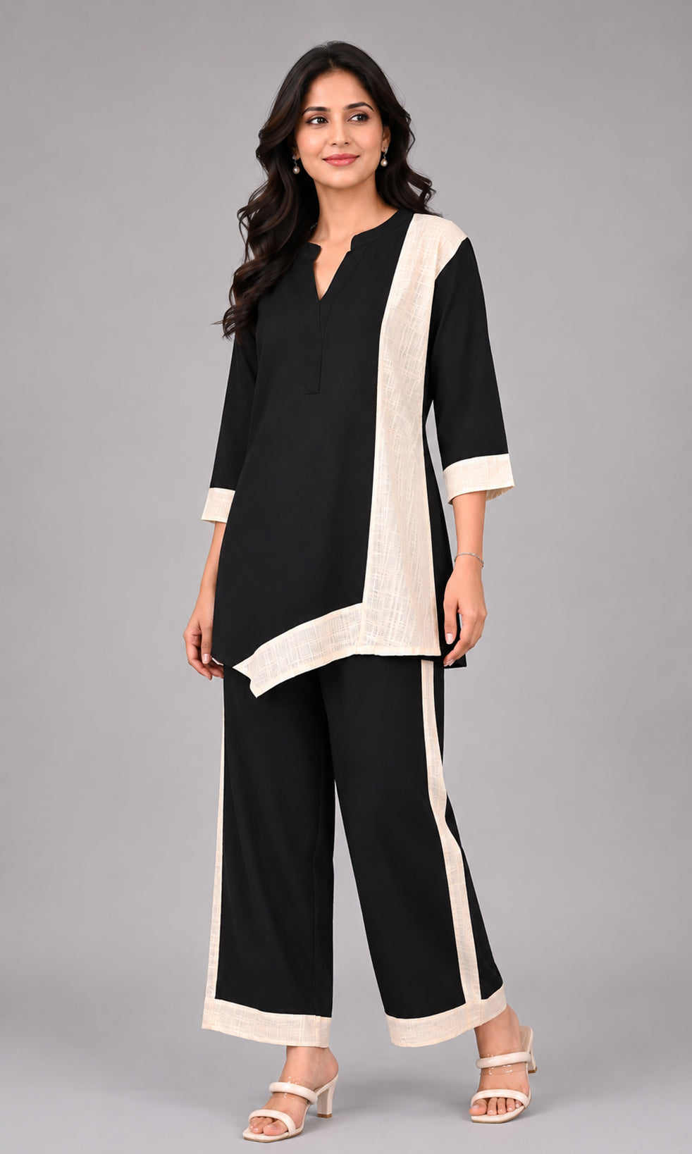 Black & Off-White Contrast Asymmetric Co-ord Set with Wide-Leg Trousers