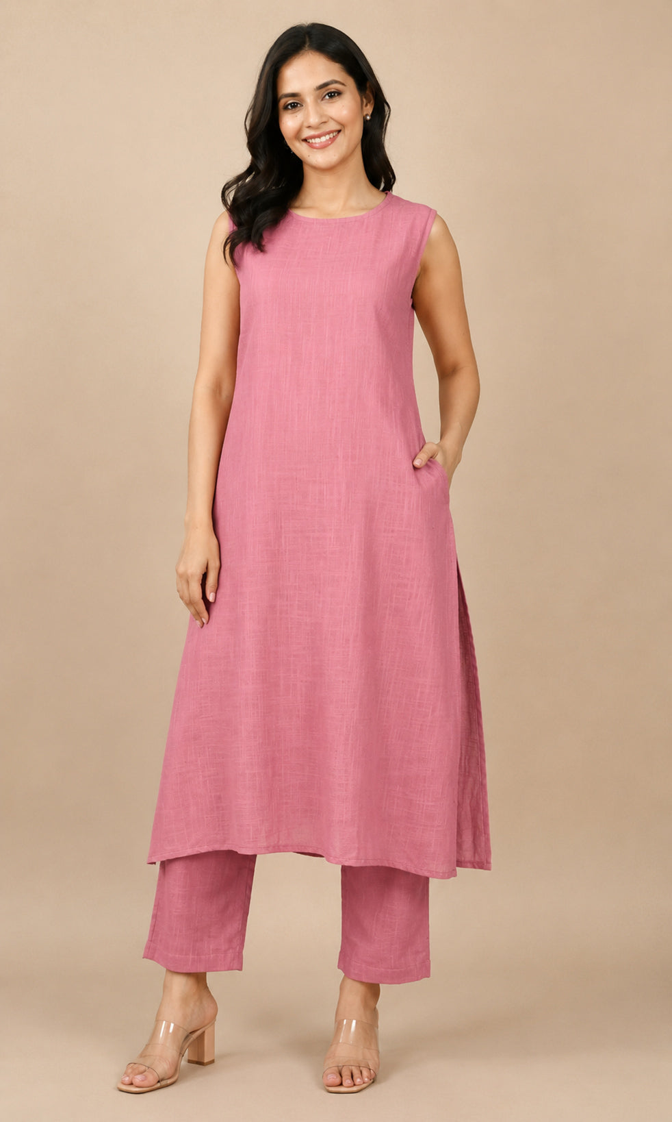 A woman modeling a sleeveless dusty pink Cotton kurta with matching trousers, standing against a solid beige studio background.