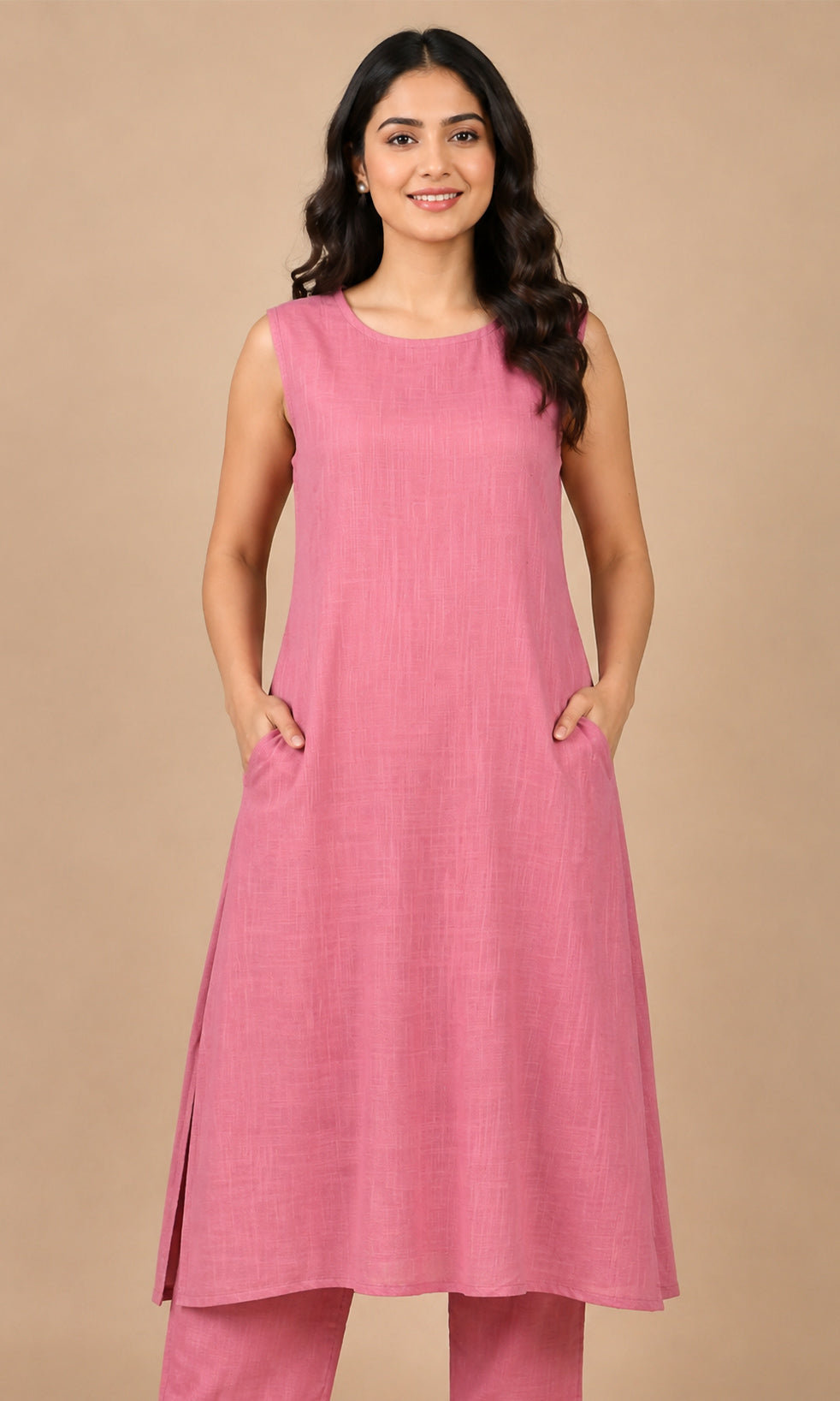 A woman modeling a sleeveless pink cotton kurta with side slits and matching pink trousers, standing against a solid beige studio background.