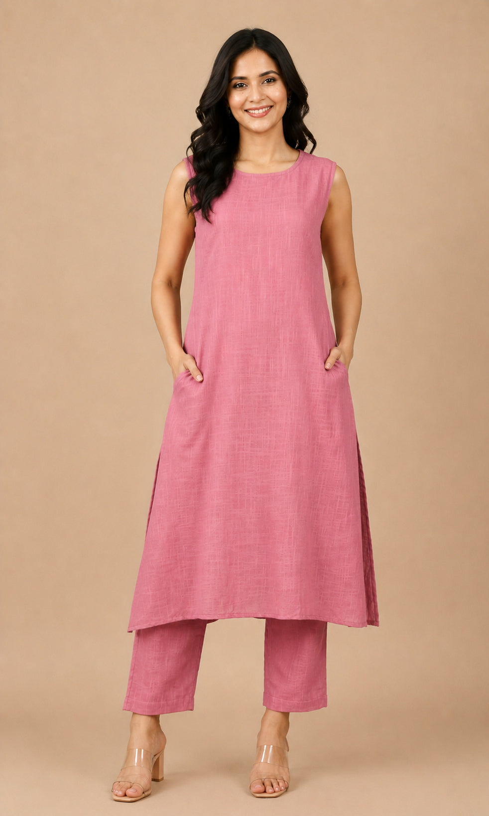 A woman modeling a sleeveless dusty pink kurta with matching cropped pants, standing against a solid beige studio background.