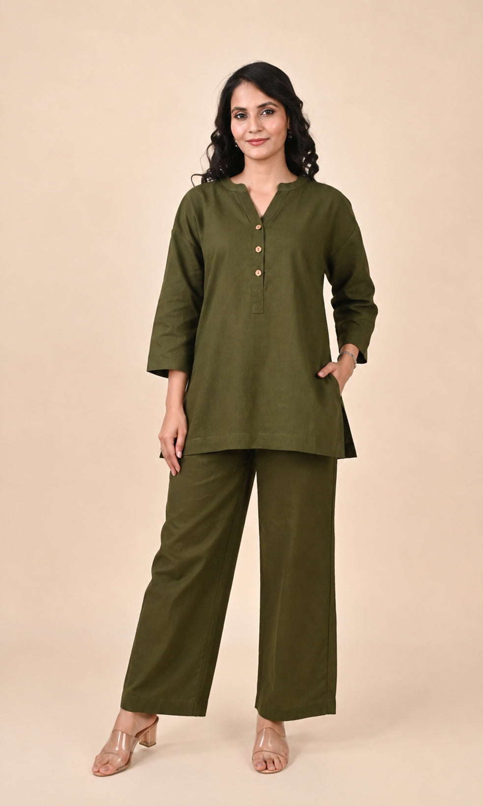 Olive Green Cotton Co-Ord Set with Button-Front Top & Wide-Leg Pants