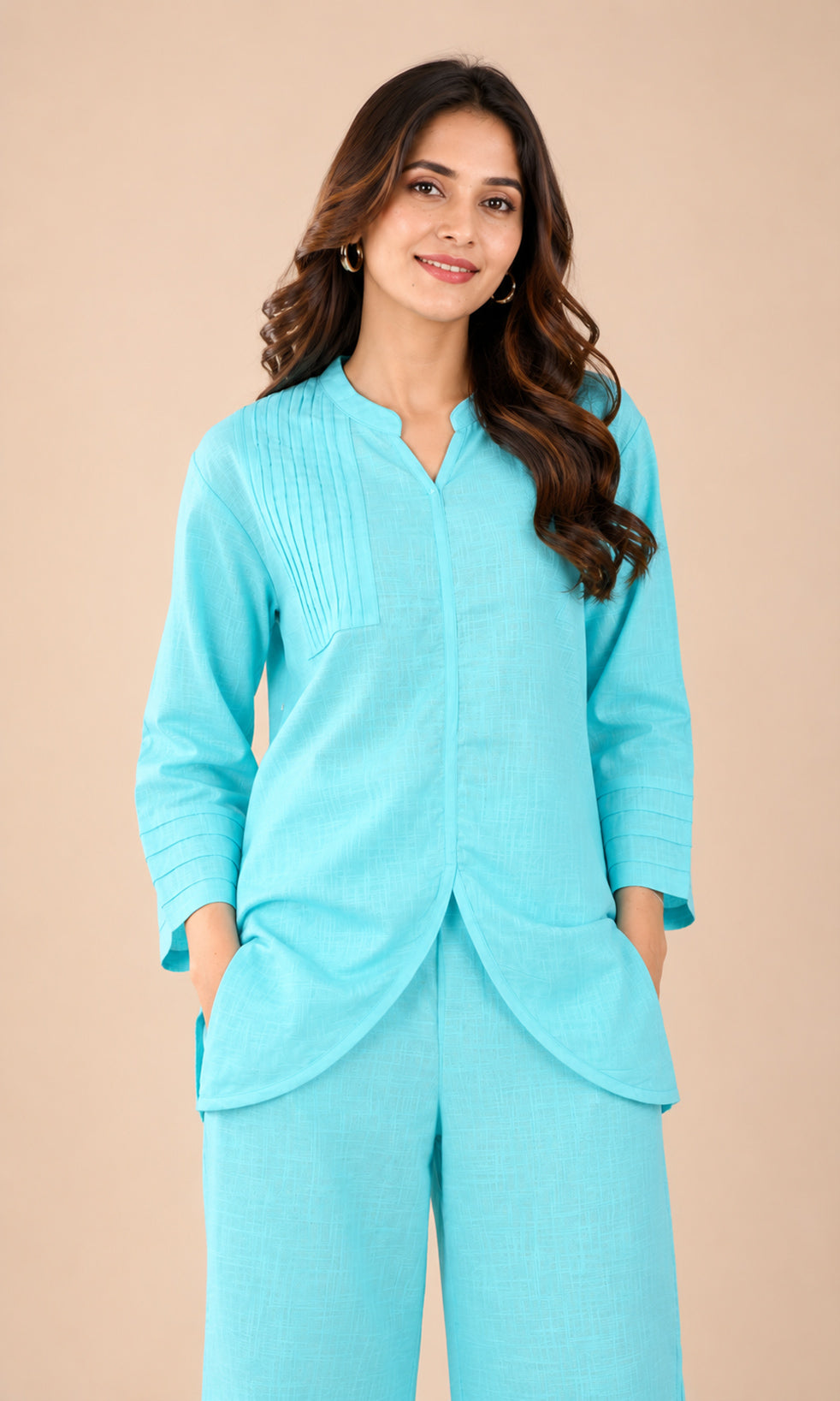 Sky Blue Cotton Co-Ord Set with Pintuck-Detail Top & Wide-Leg Pants
