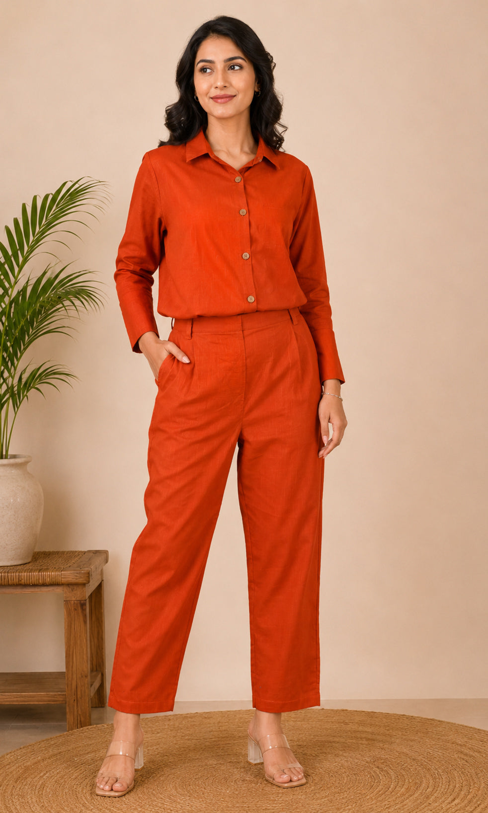 Terracotta Orange Button-Down Co-ord Set with Relaxed Top & Ankle-Length Pants