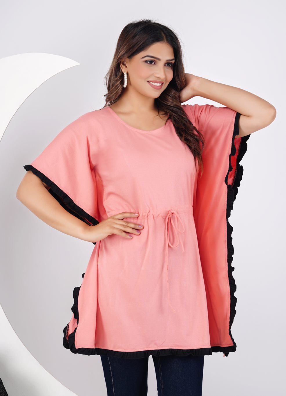 Ofably 100% Cotton Solid Corel Maternity Kaftan Top - Pink & Black(OMTK012)