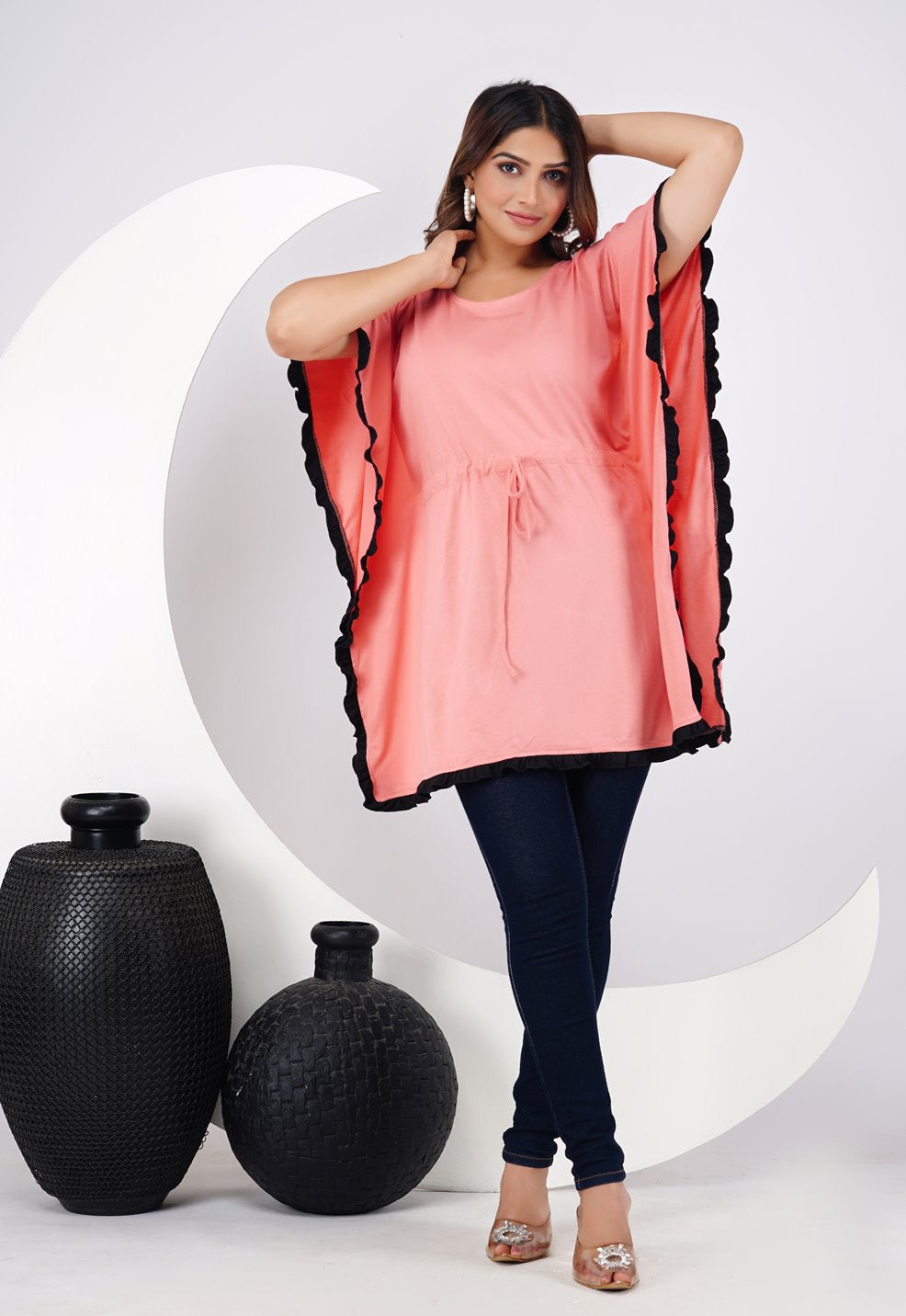 Ofably 100% Cotton Solid Corel Maternity Kaftan Top - Pink & Black(OMTK012)