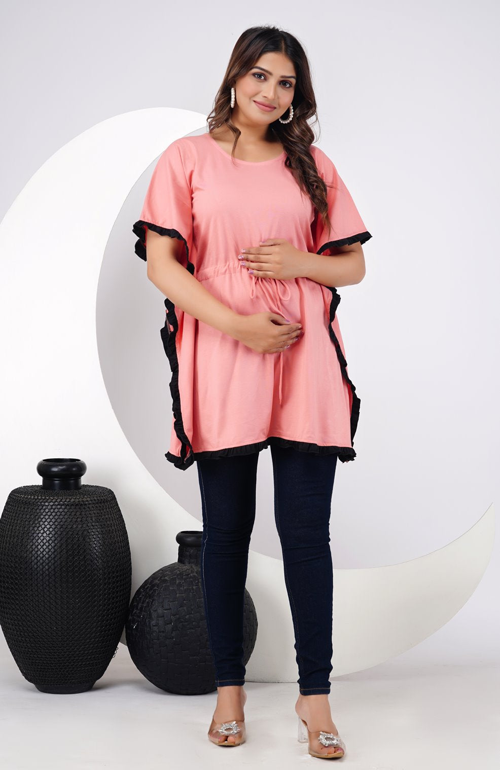 Ofably 100% Cotton Solid Corel Maternity Kaftan Top - Pink & Black(OMTK012)