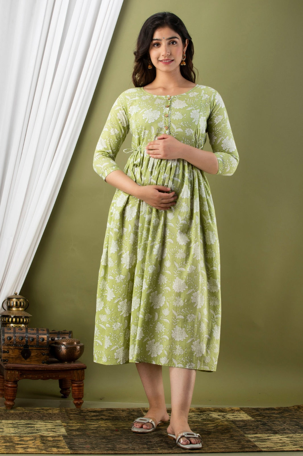 Ofably Pure Cotton Maternity Cum Feeding Kurti - Pista Green (OFMK093}