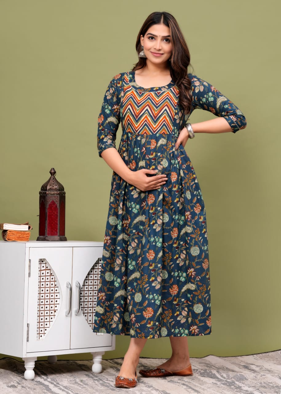 Ofably Pure Cotton Maternity Cum Feeding Kurti -Navy Blue (OFMK079}