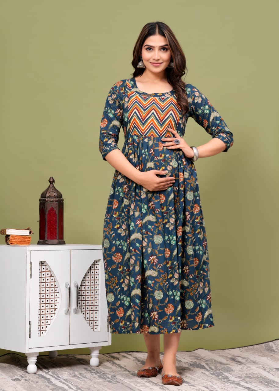 Ofably Pure Cotton Maternity Cum Feeding Kurti -Navy Blue (OFMK079}